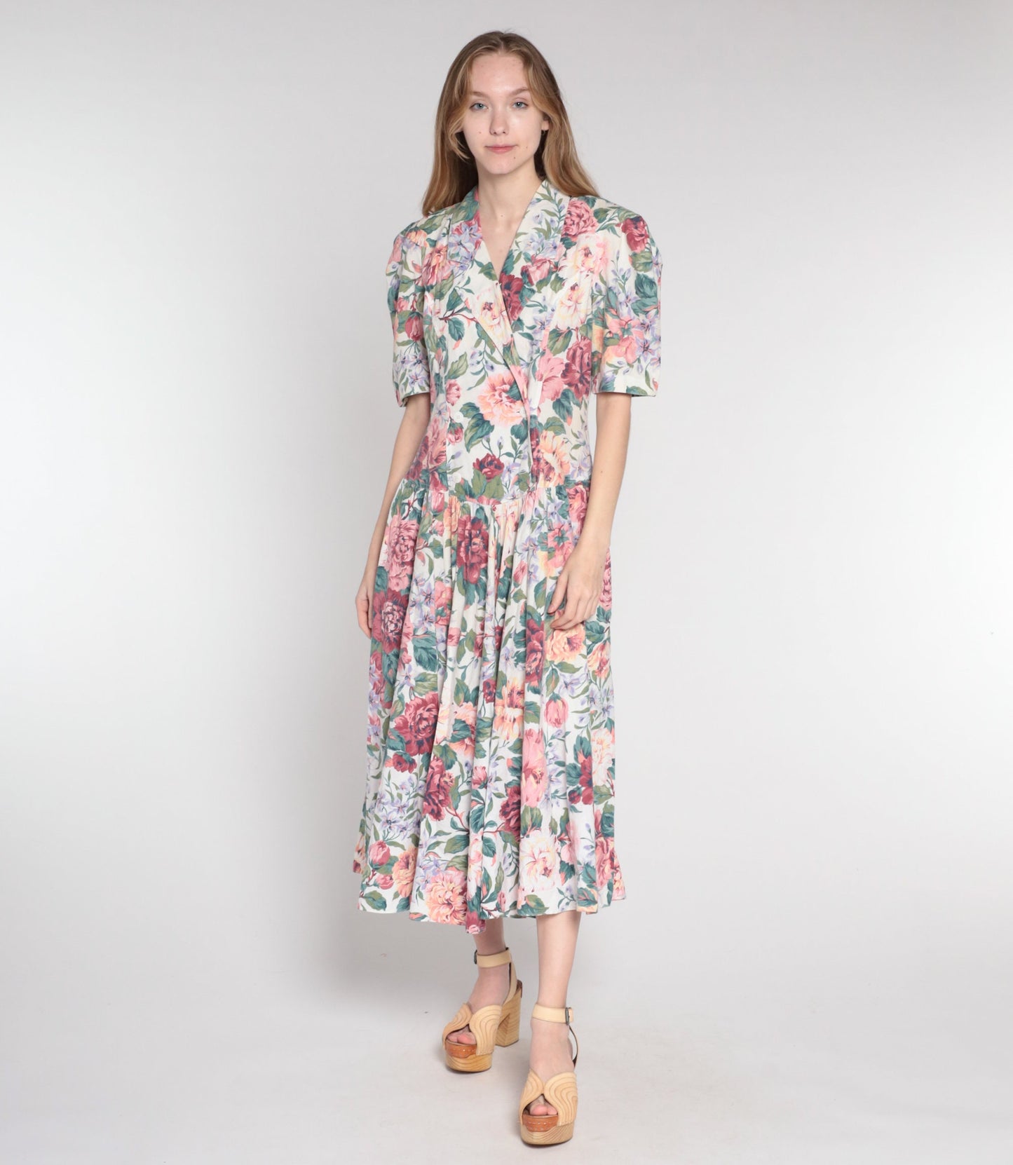 90s Floral Midi Dress Double Breasted Puff Sleeve Basque Waist Cotton Medium