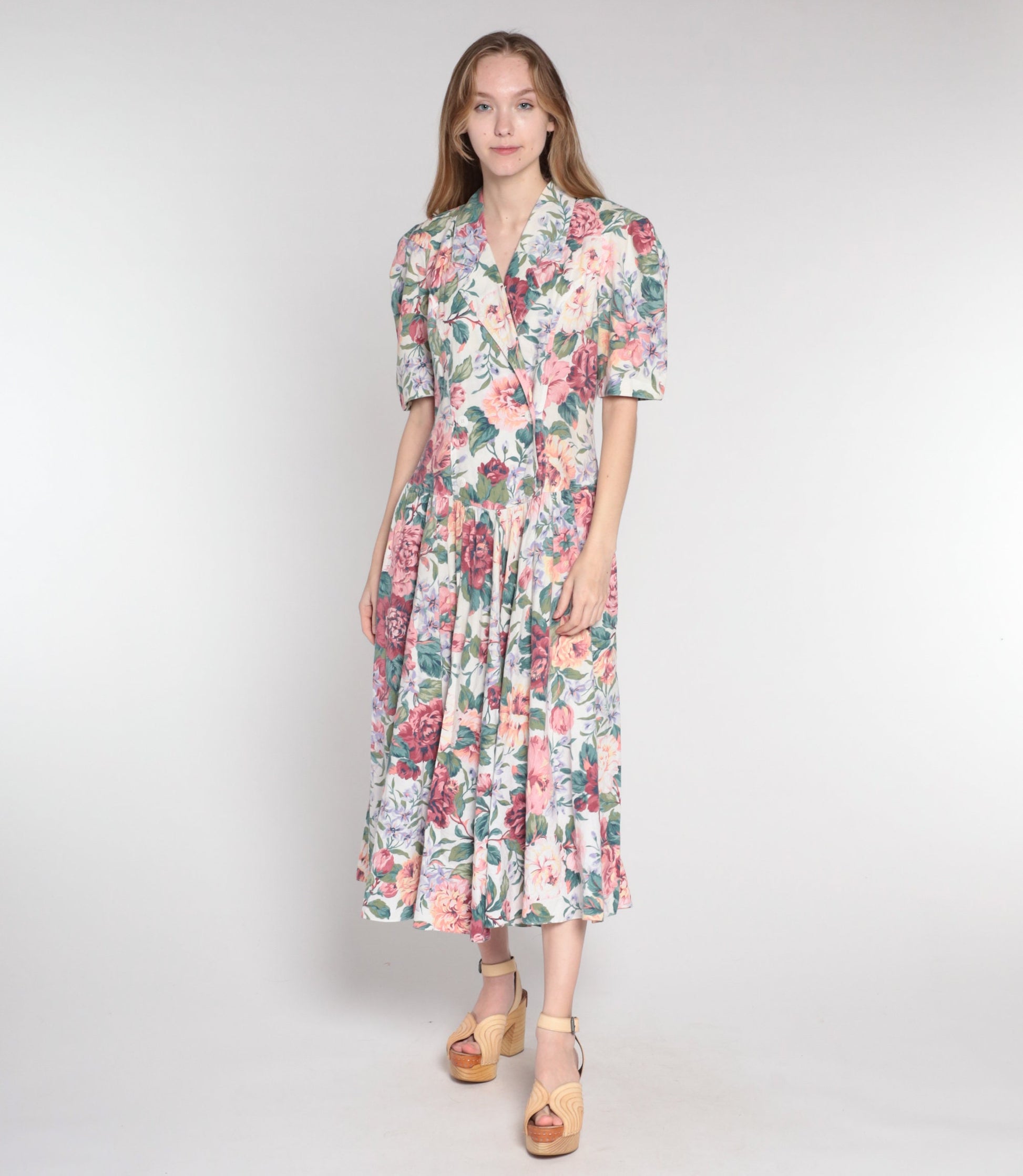 90s Floral Midi Dress Double Breasted Puff Sleeve Basque Waist Cotton Medium