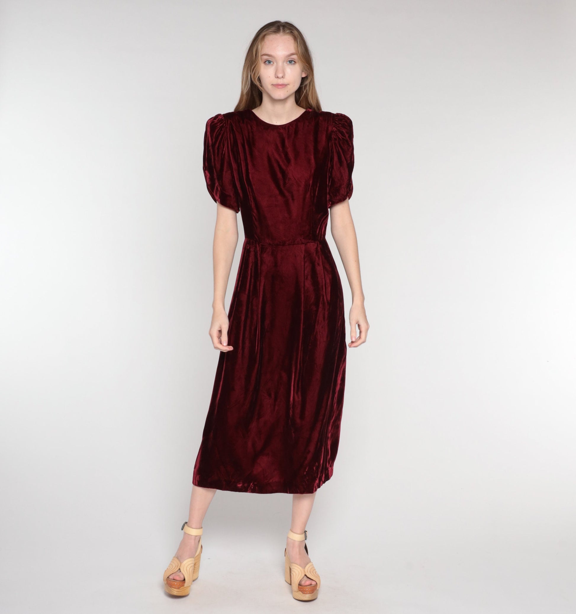 80s Lands End Burgundy Velvet Midi Dress Puff Sleeve Low Back Medium