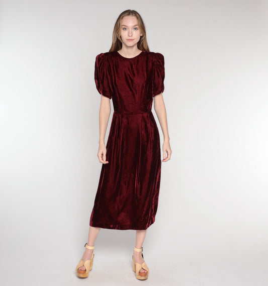 80s Lands End Burgundy Velvet Midi Dress Puff Sleeve Low Back Medium