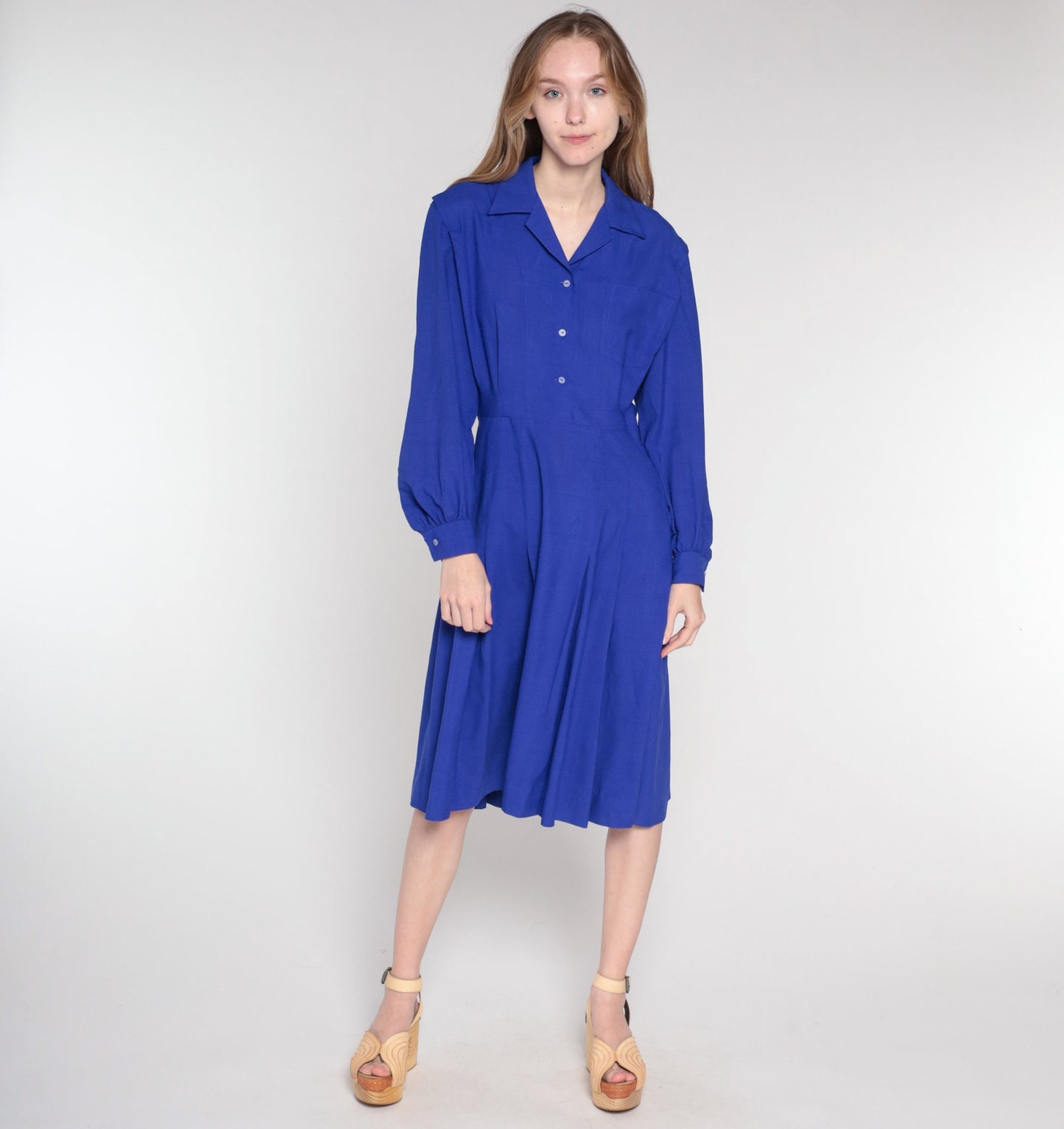 90s Deep Purple Button-Up Midi Dress High Waist Long Sleeve Medium M