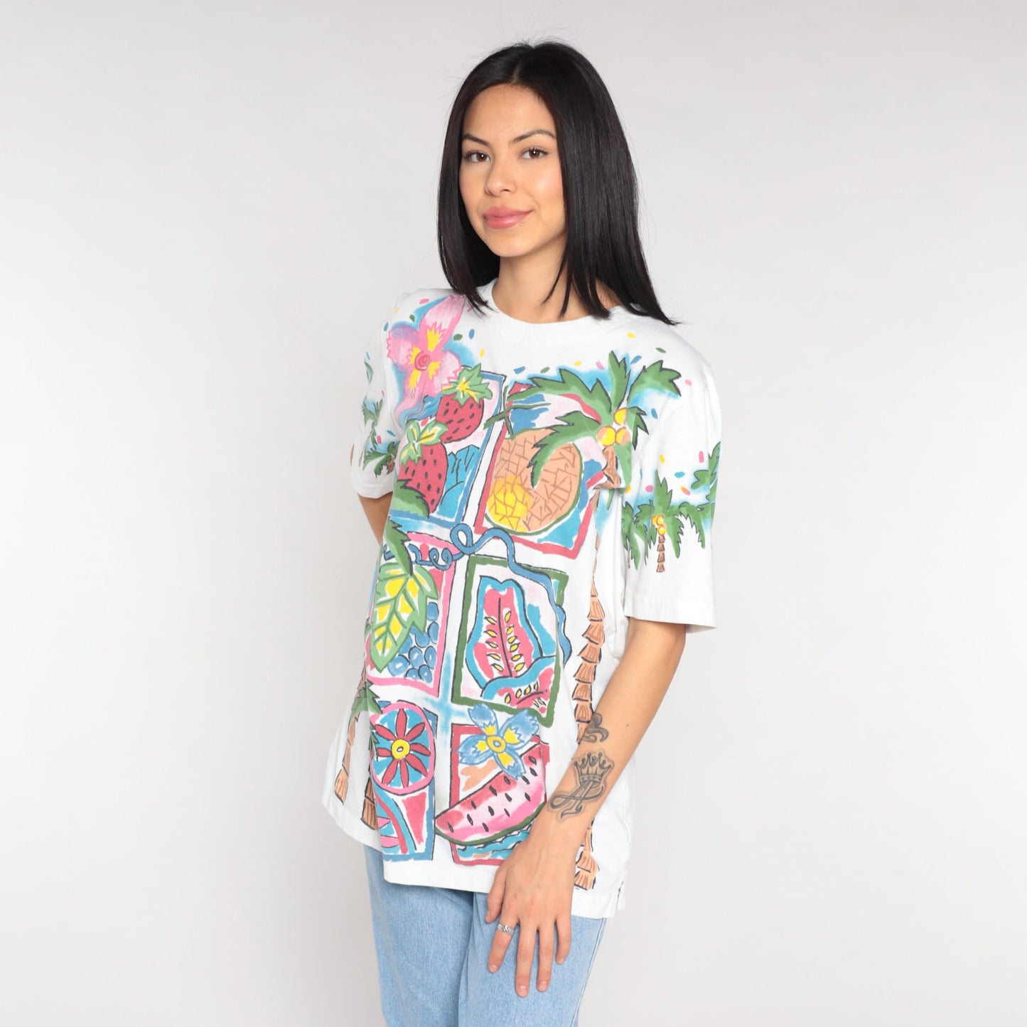 90s Tropical Fruit Palm Tree Graphic T-Shirt Cotton Single Stitch Medium Large
