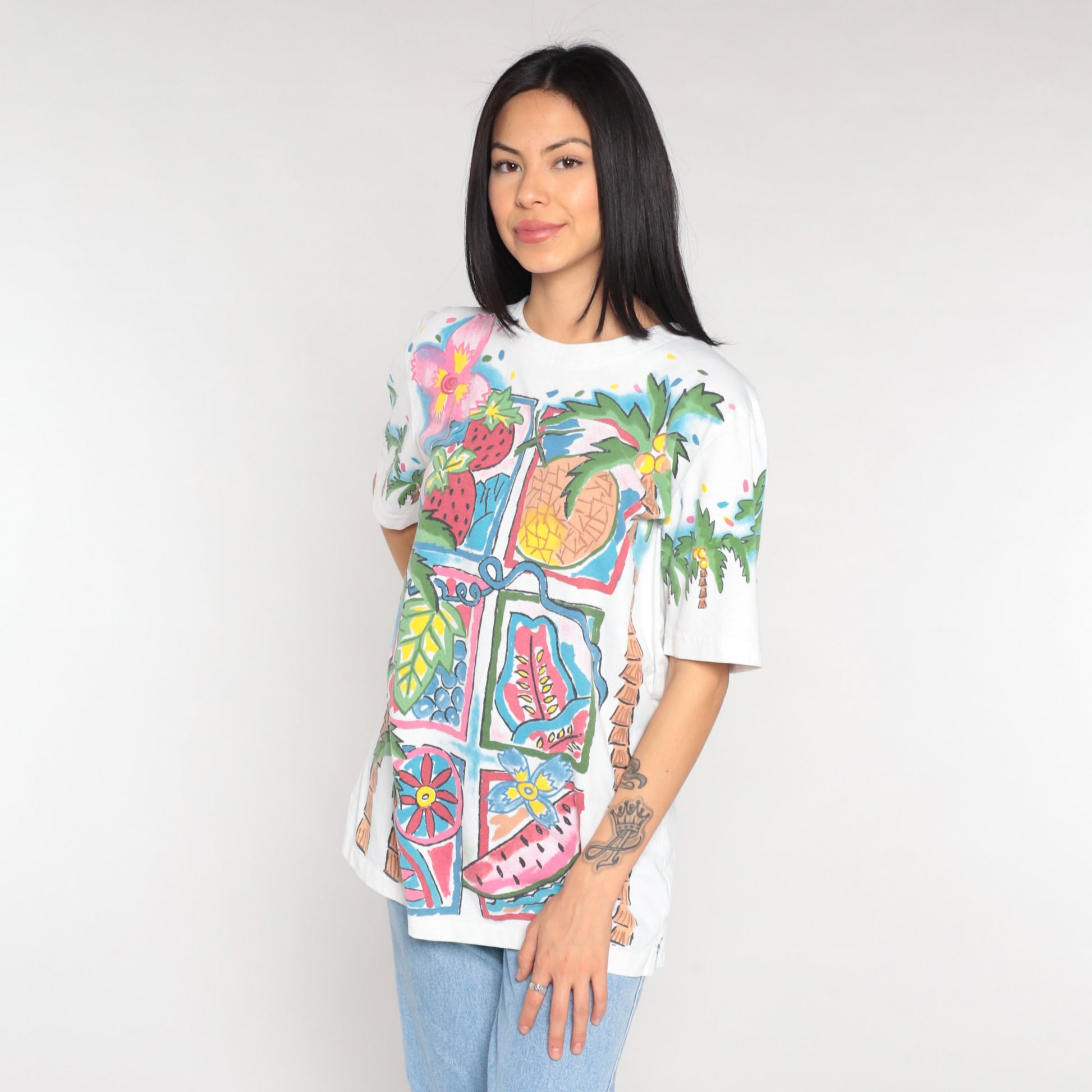 90s Tropical Fruit Palm Tree Graphic T-Shirt Cotton Single Stitch Medium Large