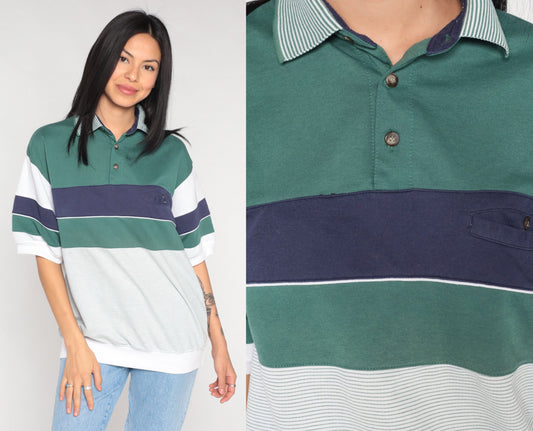 90s Striped Polo Shirt White Blue Green Banded Hem Collared Medium M