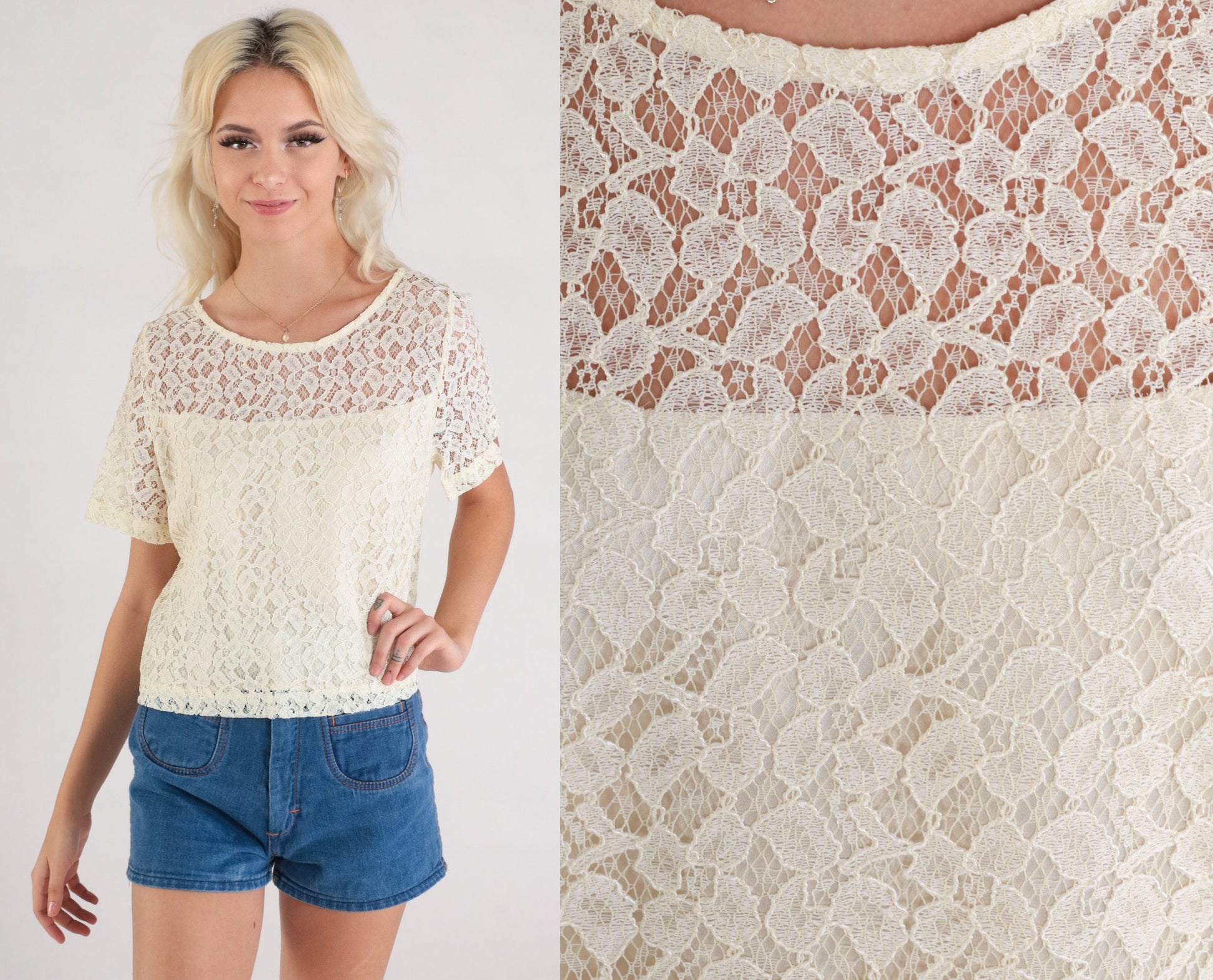 80s Off-White Lace Blouse Illusion Neckline Button Back Short Sleeve Medium