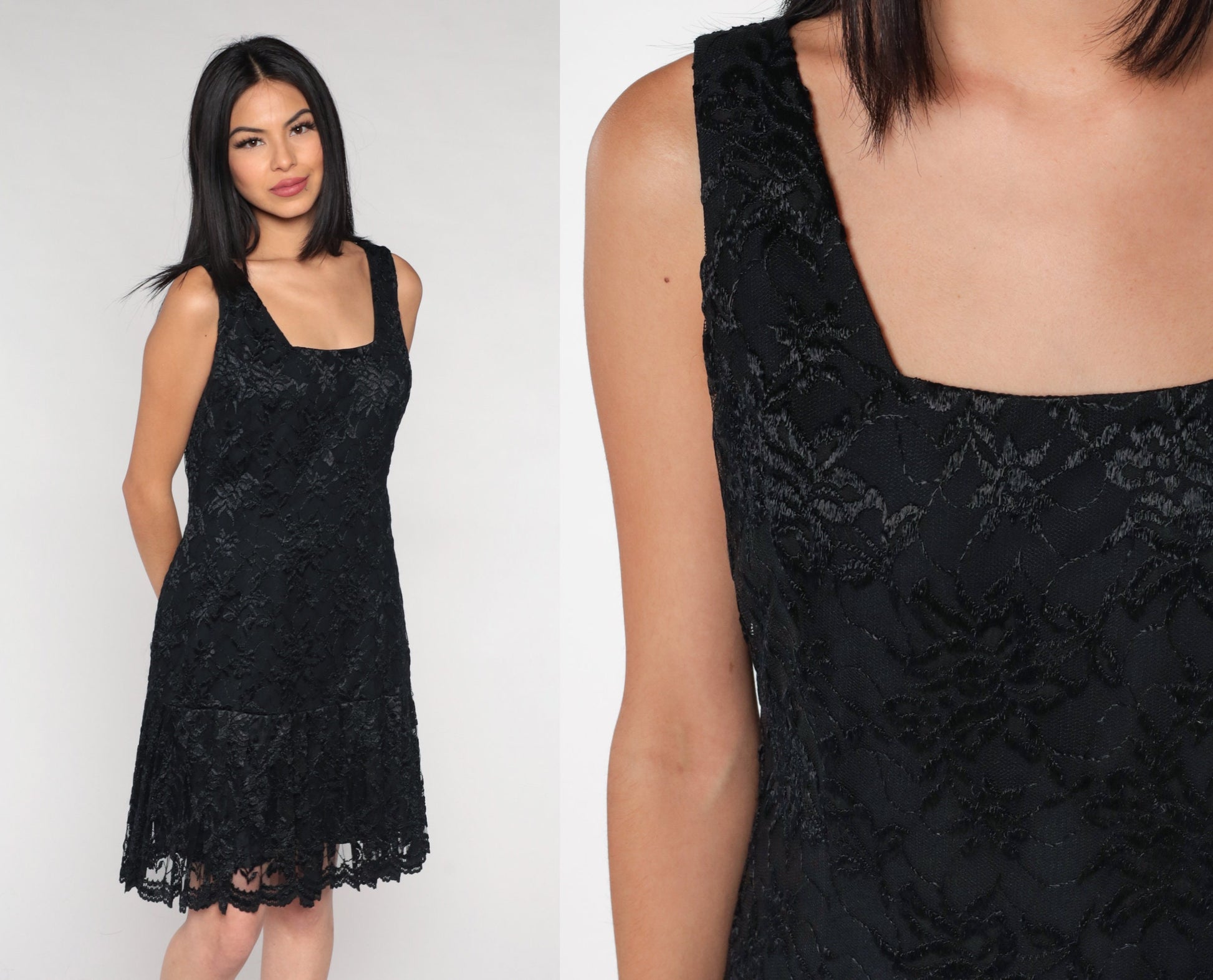 90s Black Lace Mini Dress Drop Waist Square Neck Sleeveless Large 12