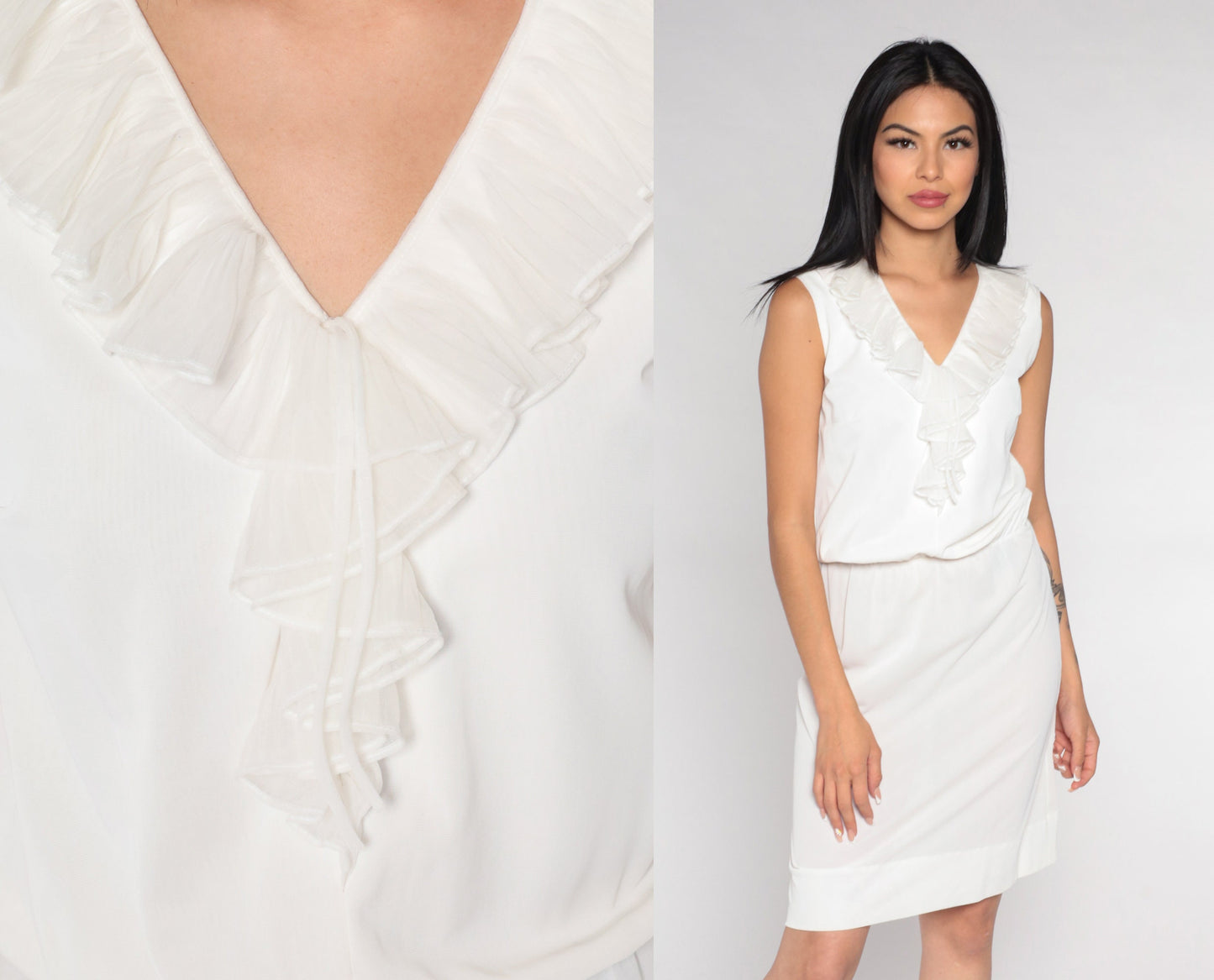 70s White Mini Dress V-Neck Ruffled Bodice Sleeveless High Waist Small