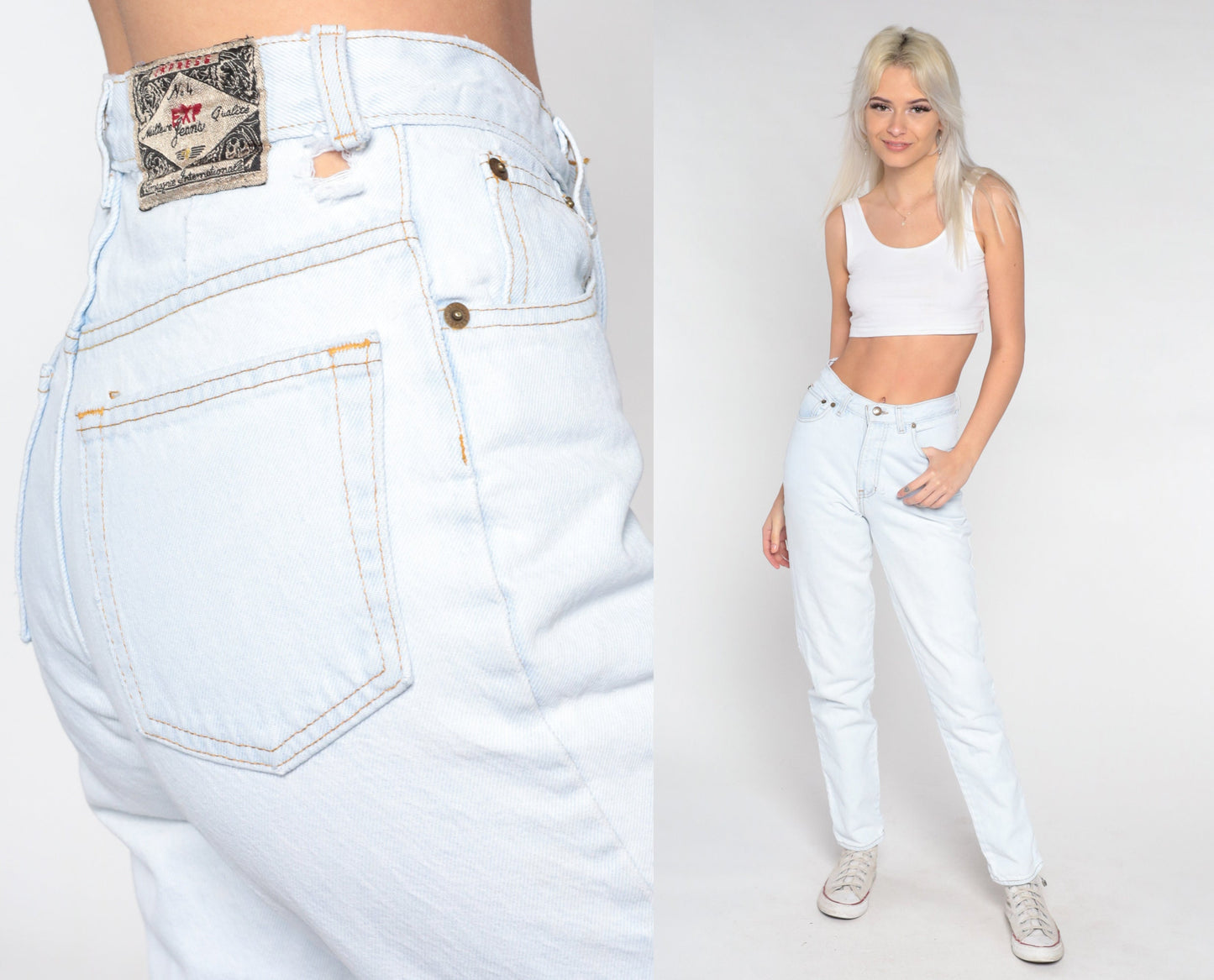 90s Light Wash Stone Denim High Waisted Slim Jeans Pale Blue Extra Small