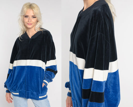 80s Velour Track Jacket Blue Black Color Block Zip Up Large