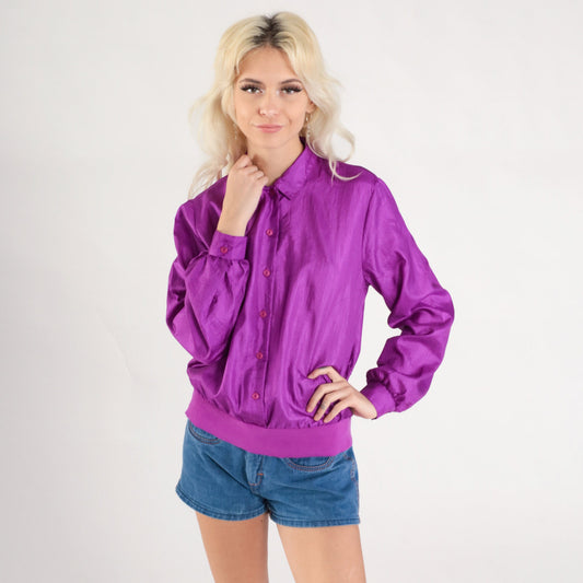 90s Purple Polyester Button-Up Shirt Banded Hem Long Sleeve Medium