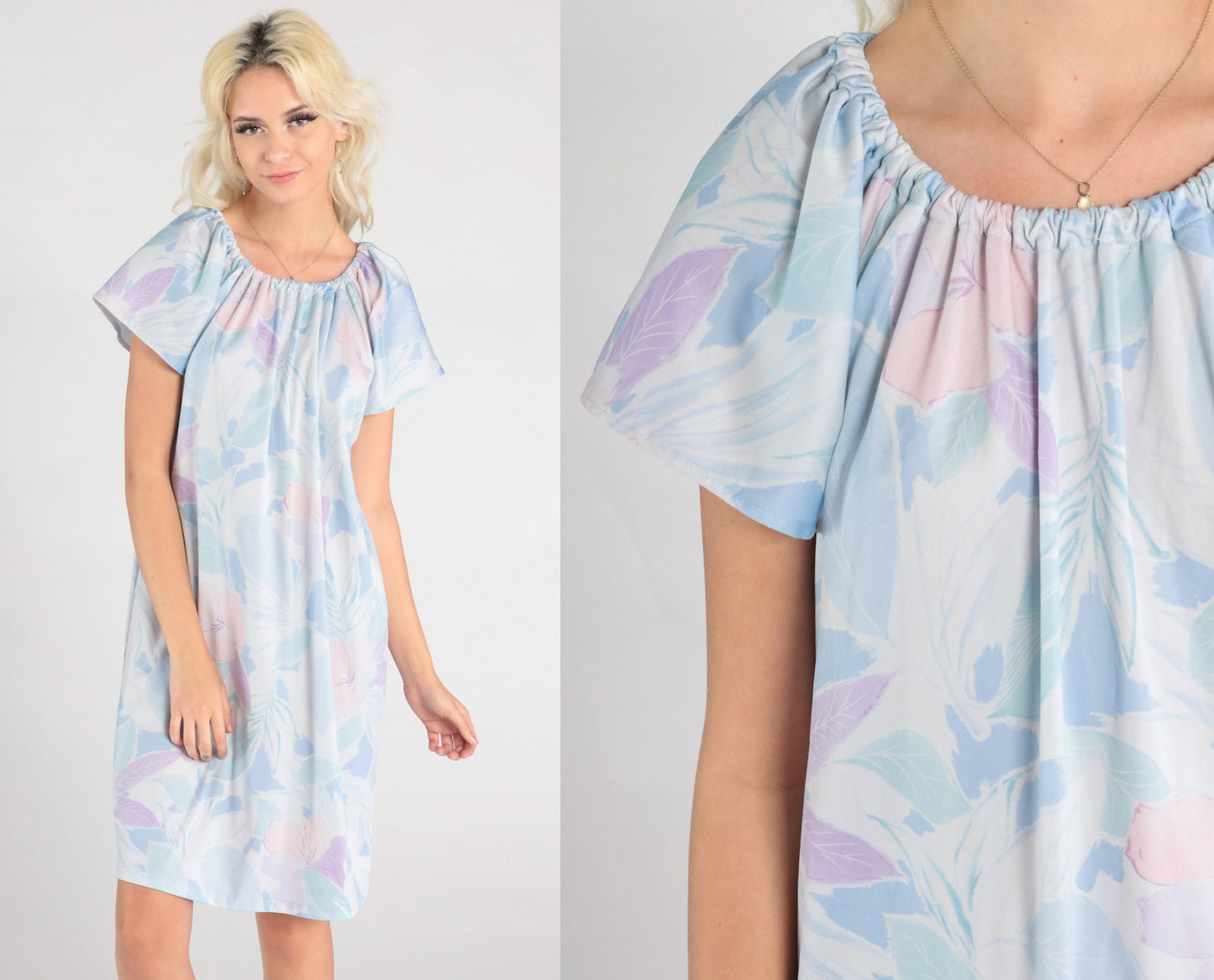 70s Pastel Blue Floral Shift Dress Short Sleeve Midi Medium Large