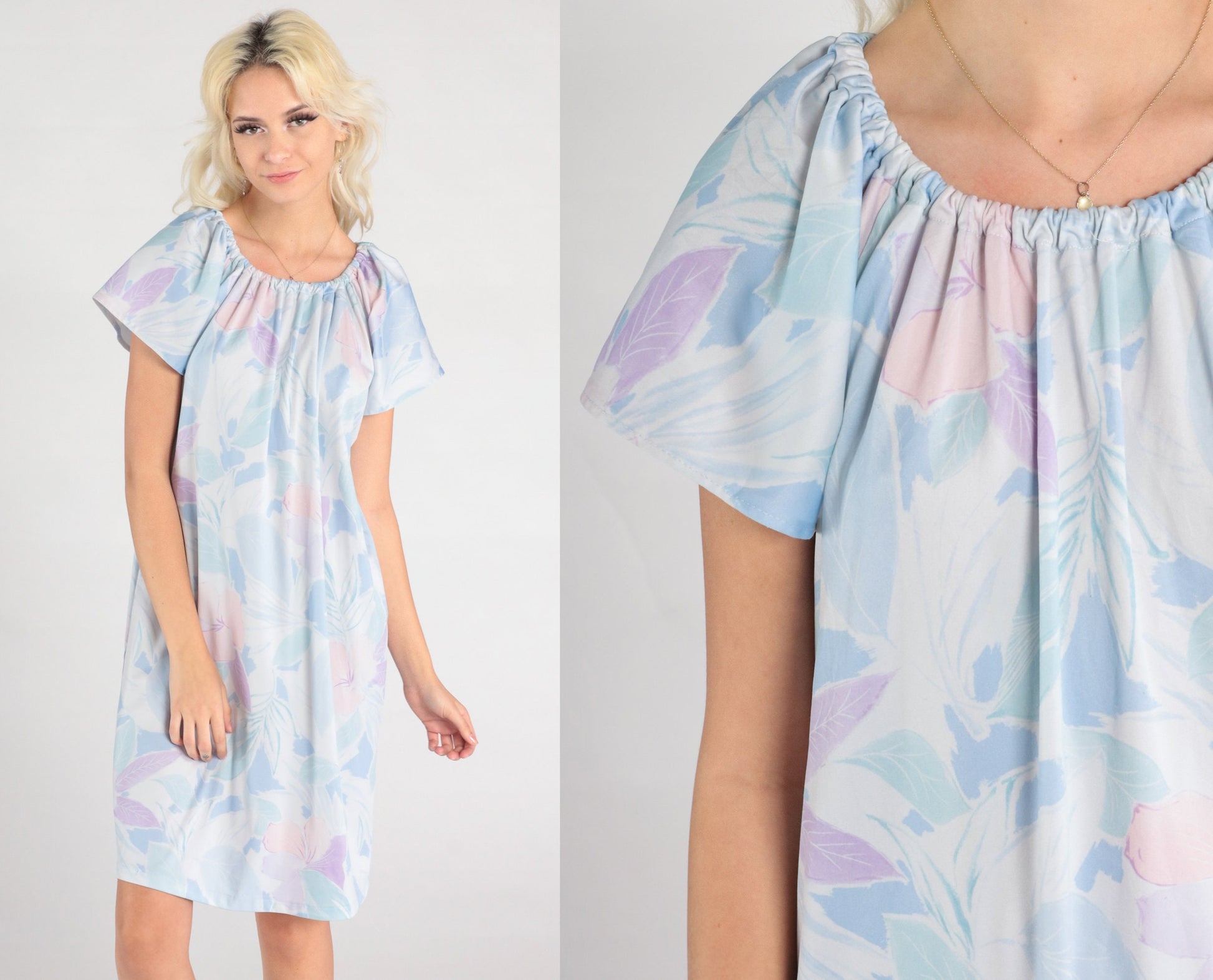 70s Pastel Blue Floral Shift Dress Short Sleeve Midi Medium Large