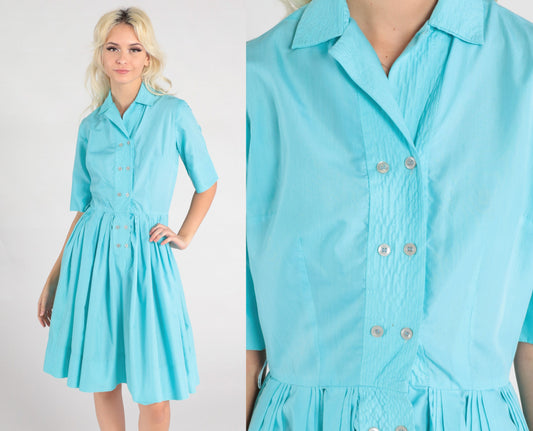 60s Robin's Egg Blue Cotton Midi Shirtdress Button-Up Pleated Small