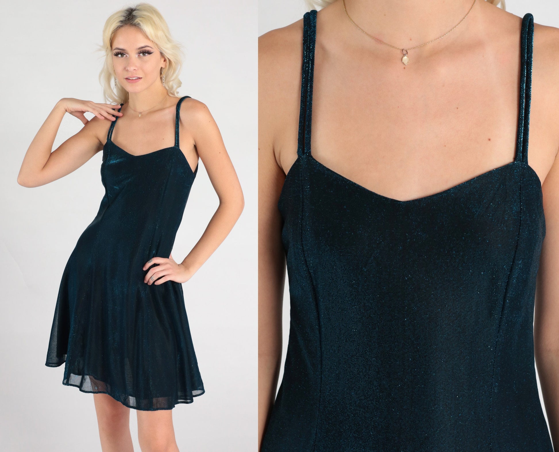 90s Metallic Blue Mini Dress Sweetheart Neckline Spaghetti Strap Small
