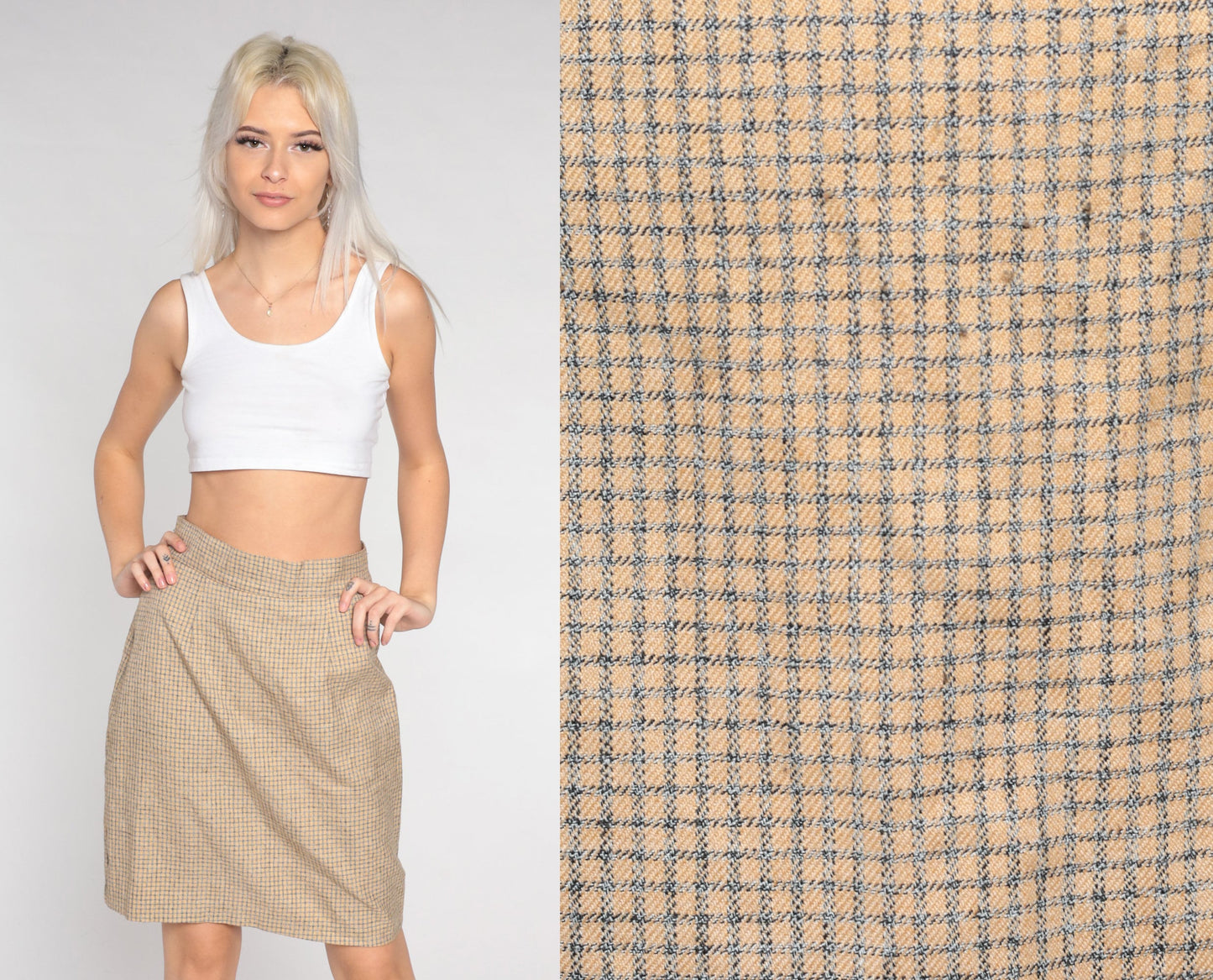 90s Checkered Mini Pencil Skirt Tan Grey High Waisted Small