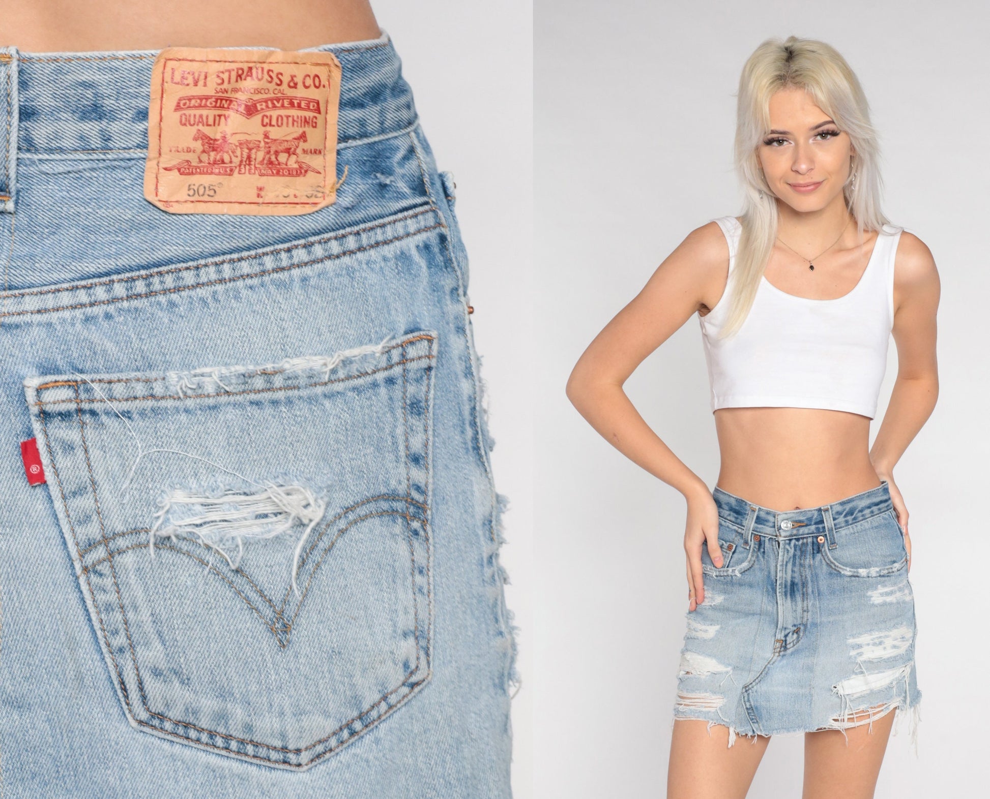 00s Levi's Distressed Denim Mini Skirt High Waist Raw Hem Blue Small