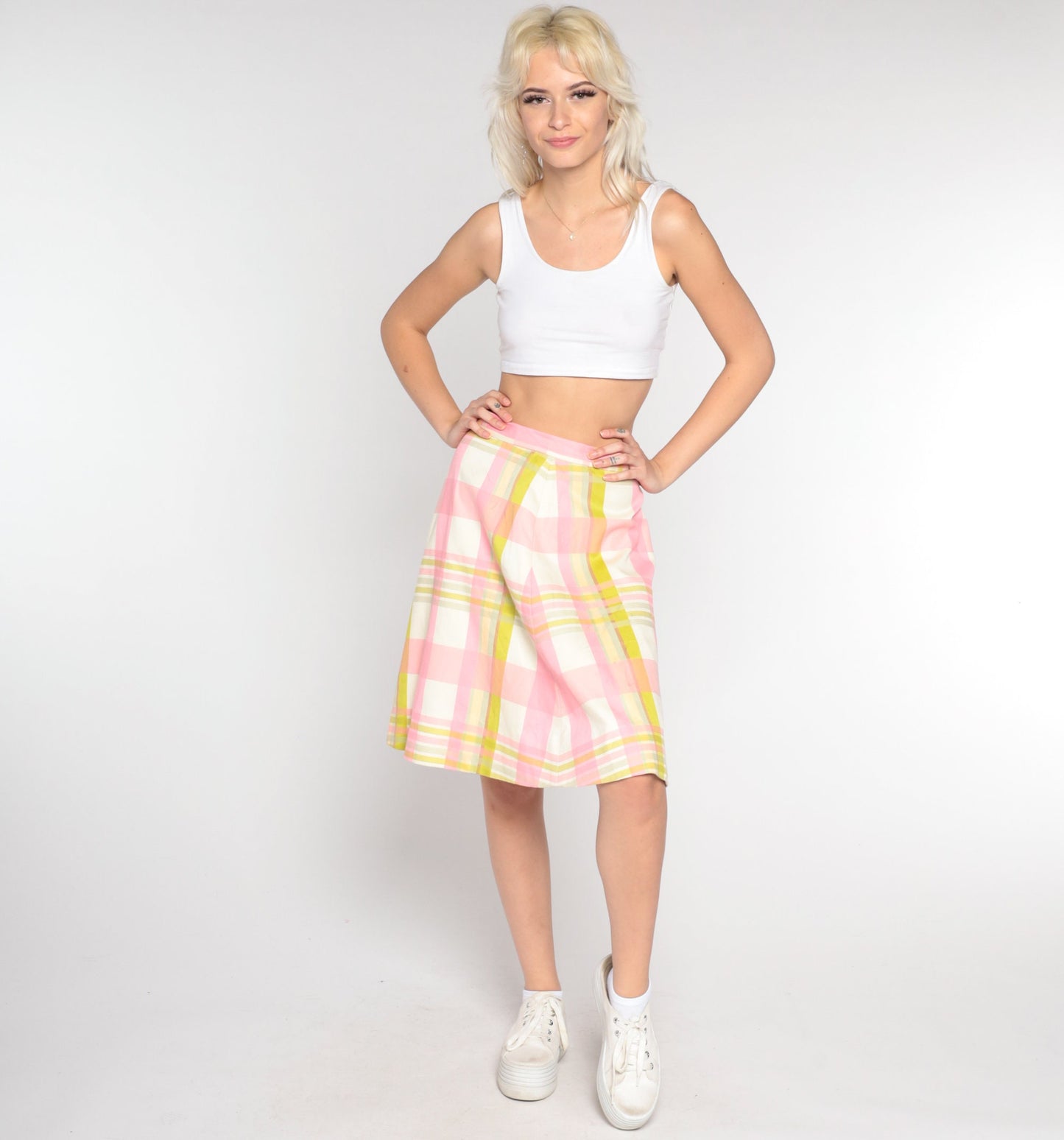60s Pink White Checkered A-Line Skirt High Waisted Midi Small
