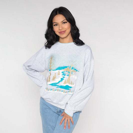 90s Winter Scene Sweatshirt Gold Glitter Trees Heather Grey Medium