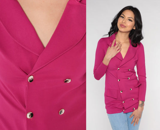 00s Magenta Double Breasted Blazer V Neck Fitted Jacket Extra Small