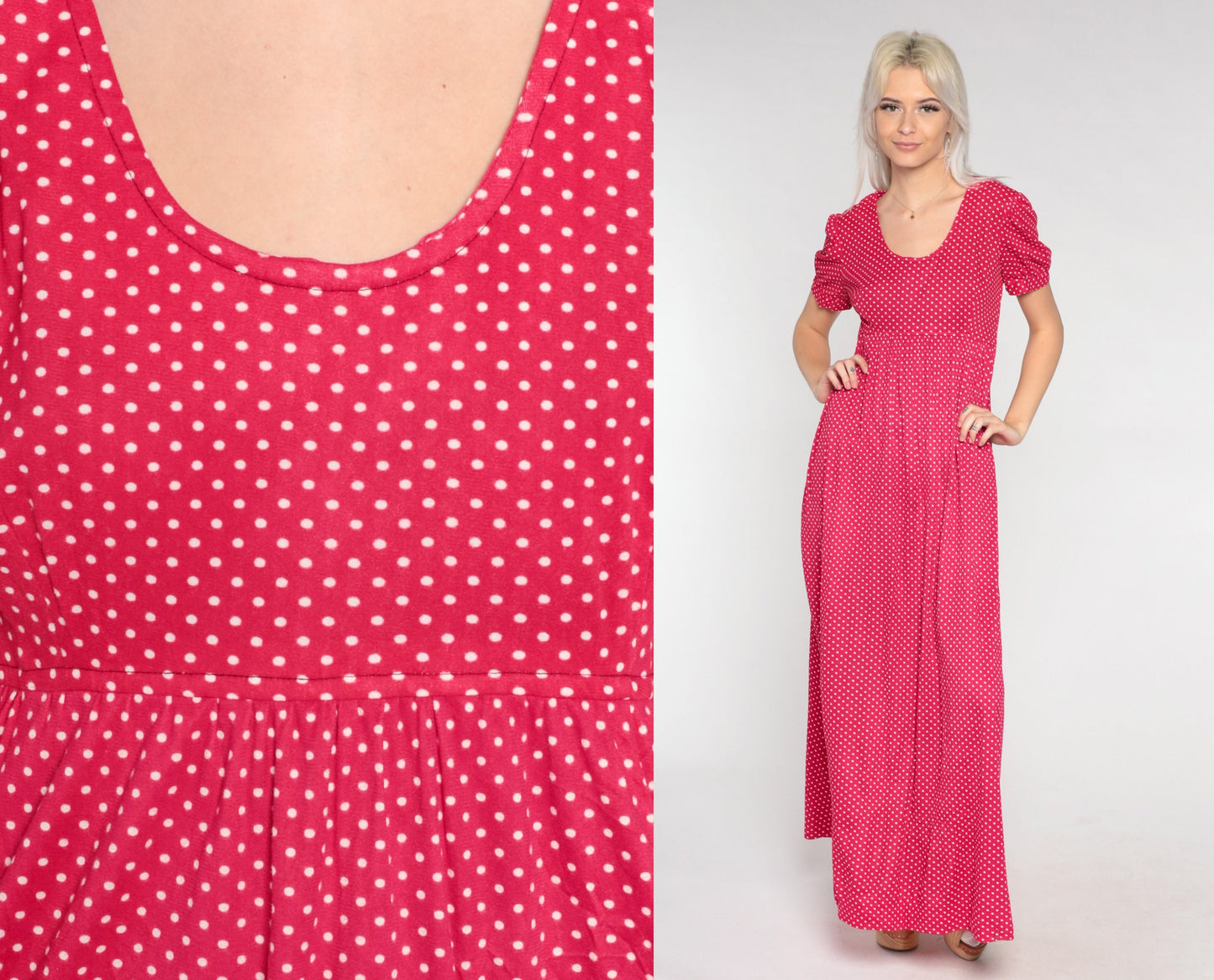 70s Red Polka Dot Maxi Dress Puff Sleeve Empire Waist Small