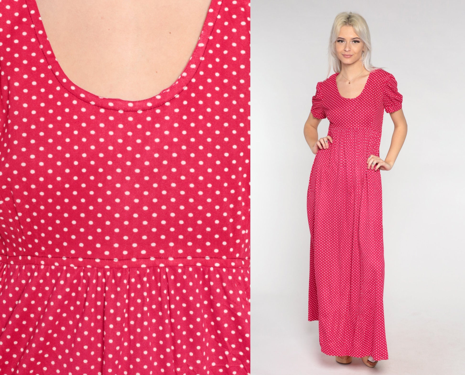 70s Red Polka Dot Maxi Dress Puff Sleeve Empire Waist Small