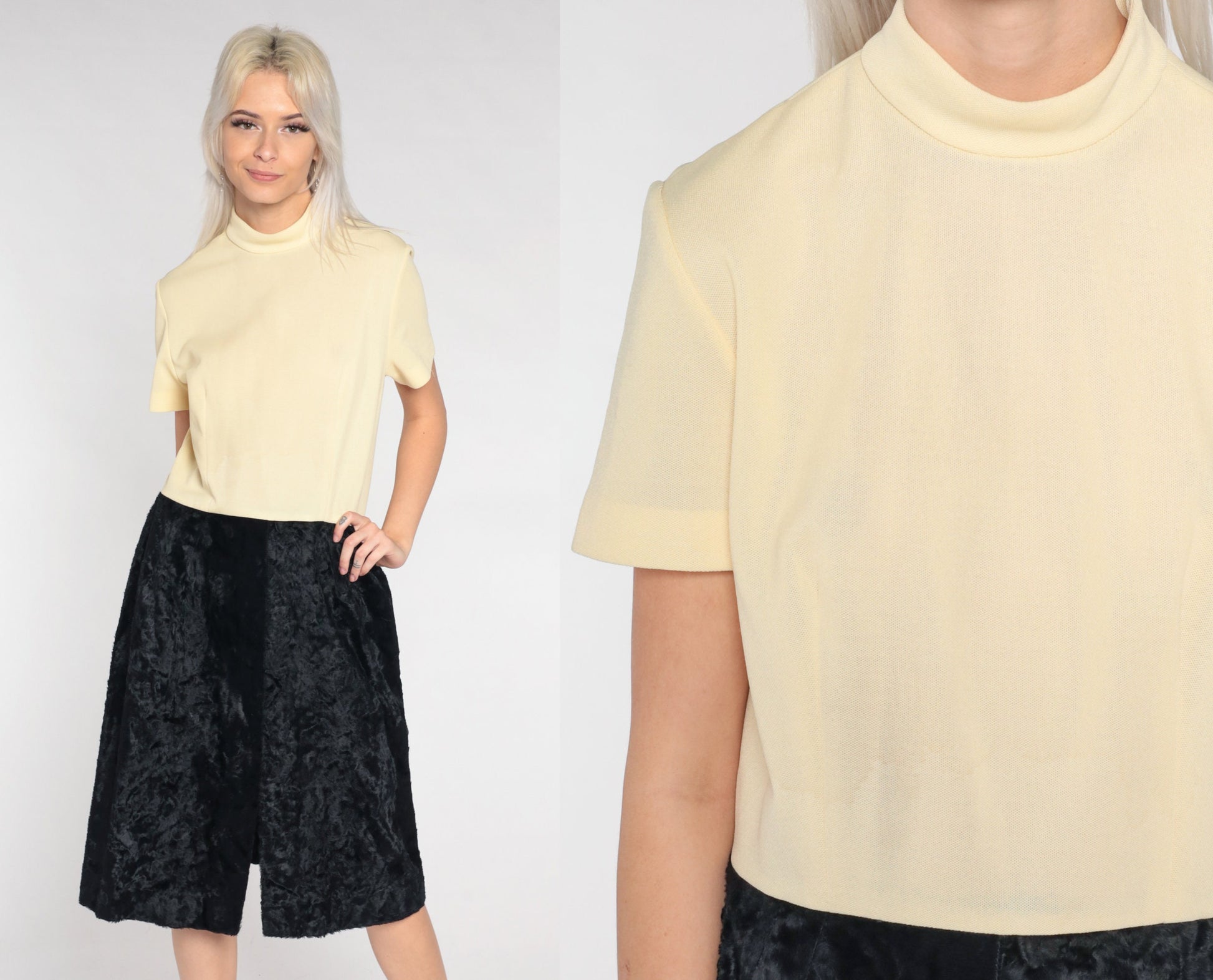 60s Shift Dress Cream & Black Faux Fur Midi Mock Neck Short Sleeve Medium