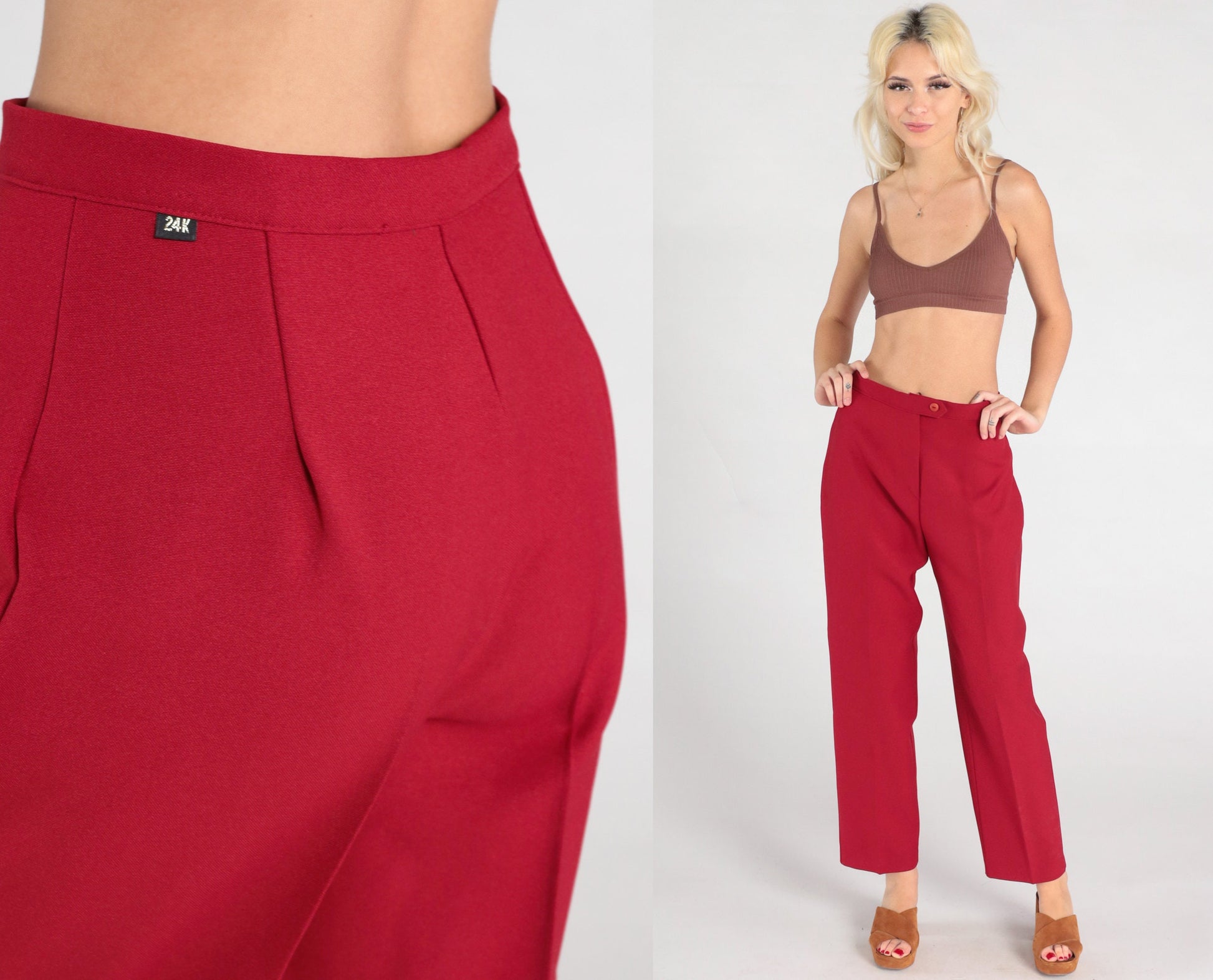 70s Red High-Waisted Tapered Trousers Small