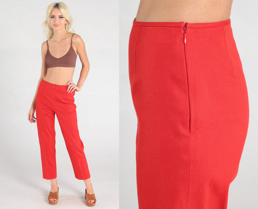 90s Red Slim Straight Ankle Trousers Mid Rise Side Zip Extra Small