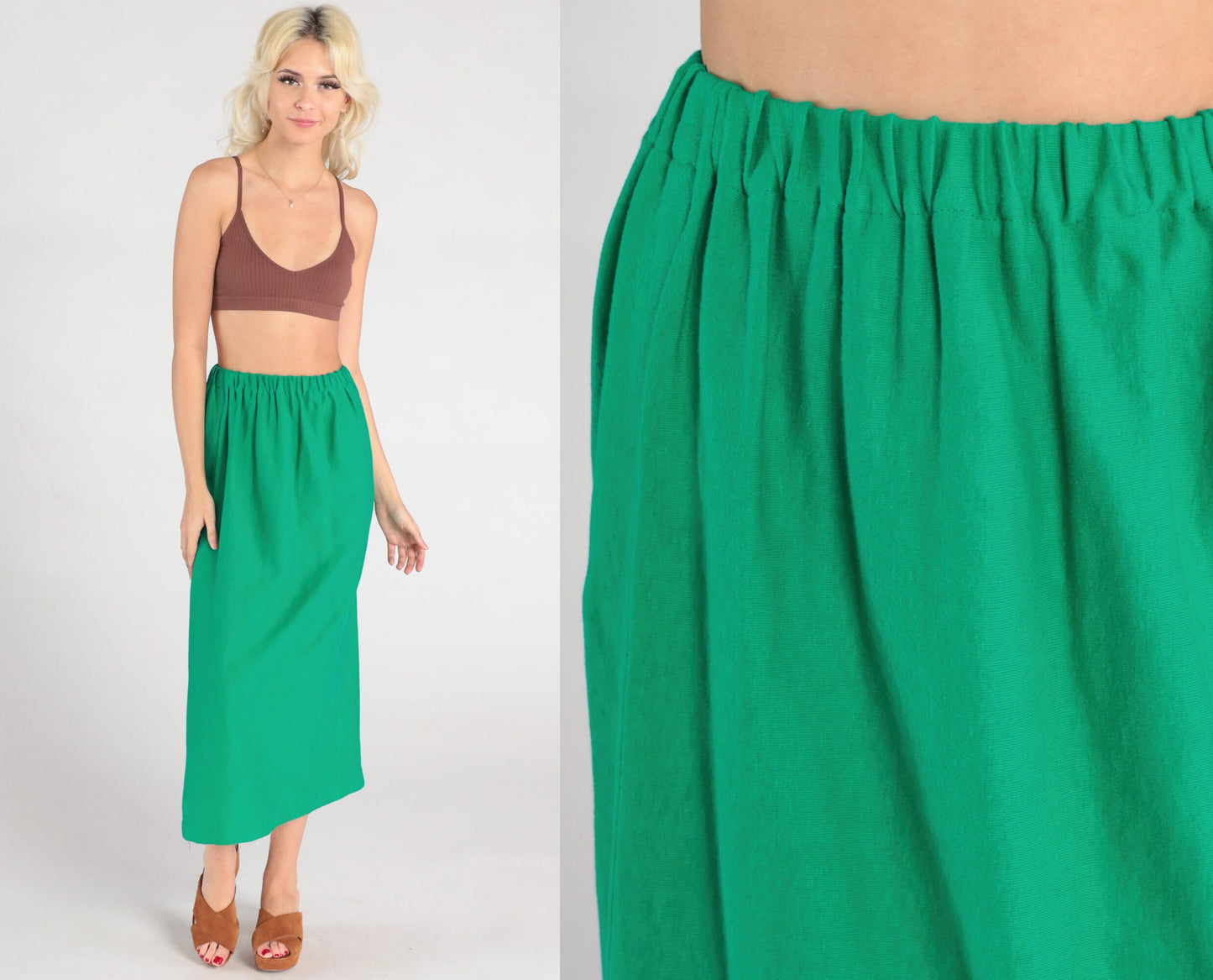 80s Green Midi Skirt High Waist Straight Column Extra Small XS