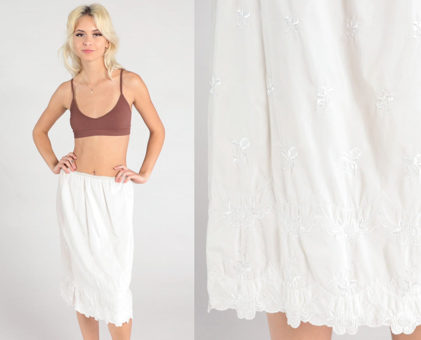 80s White Floral Embroidered Half Slip Midi Skirt Medium Large
