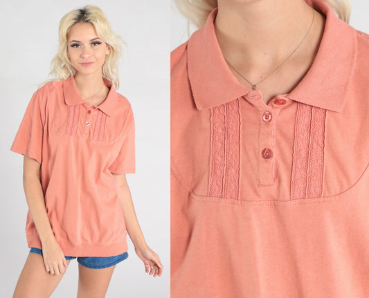 90s Salmon Pink Polo Shirt Lace Trim Quarter Button Collared Extra Large
