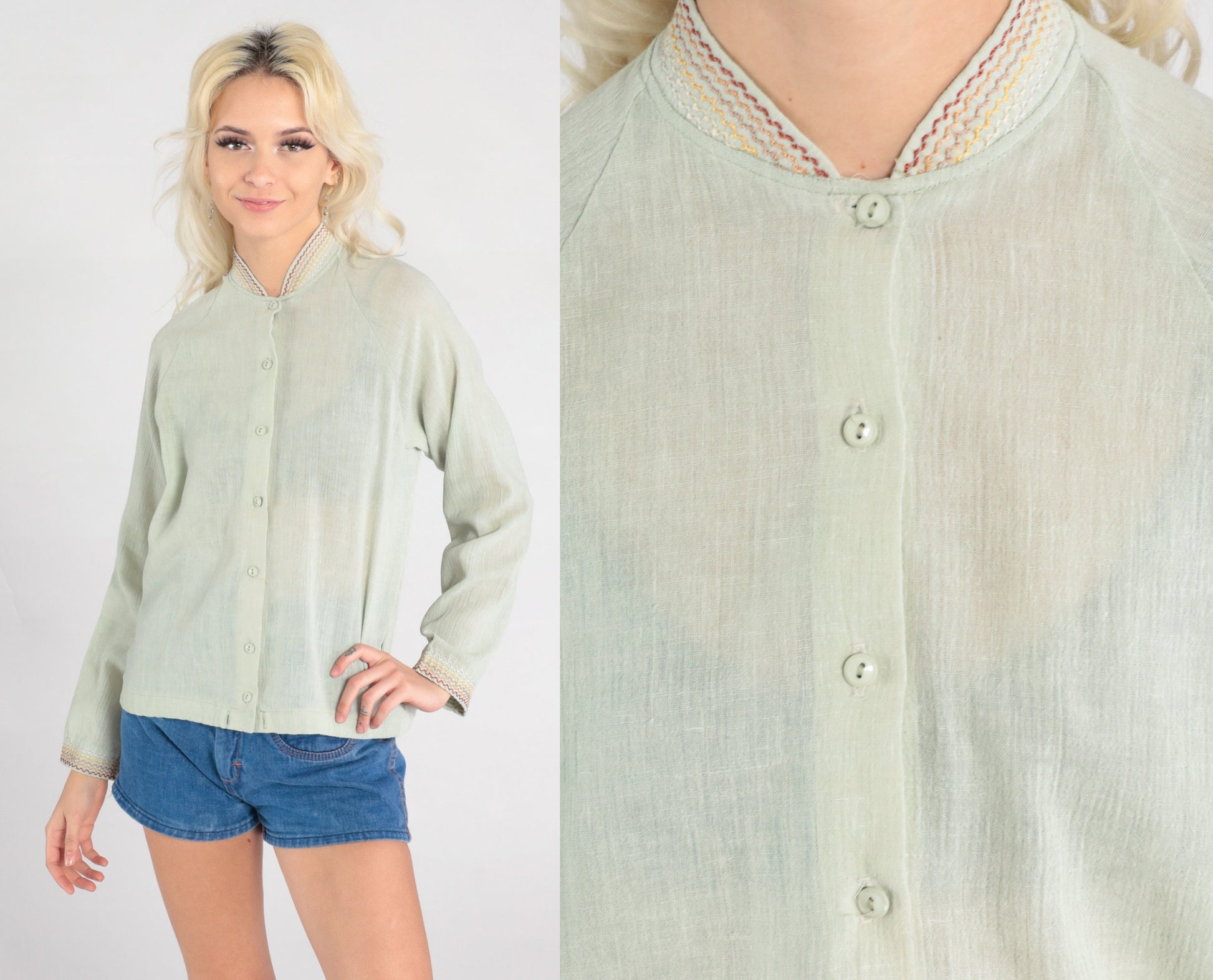 70s Sage Green Semi-Sheer Button-Up Blouse Embroidered Raglan Sleeve Small