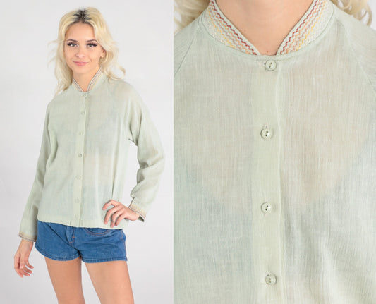 70s Sage Green Semi-Sheer Button-Up Blouse Embroidered Raglan Sleeve Small