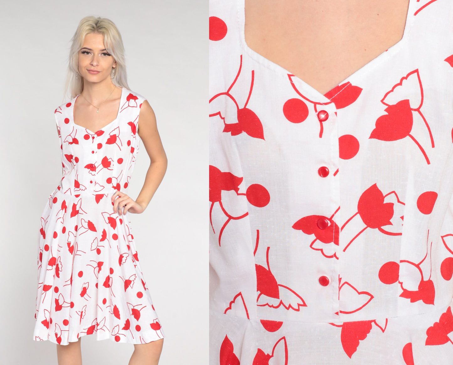 80s White Red Floral Mini Dress Queen Anne Neckline Sleeveless Small