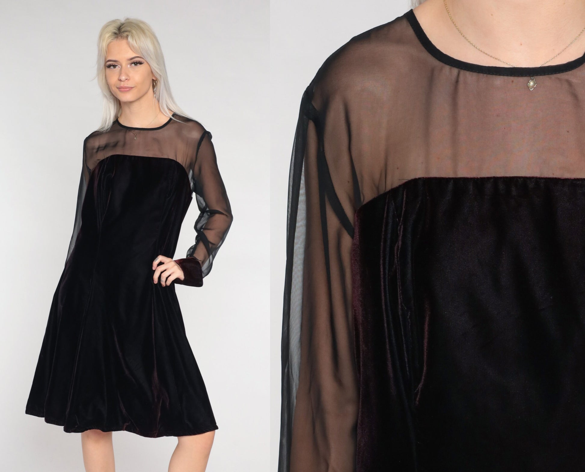 90s Black Velvet Mini Dress Illusion Neckline Long Sleeve Party Large