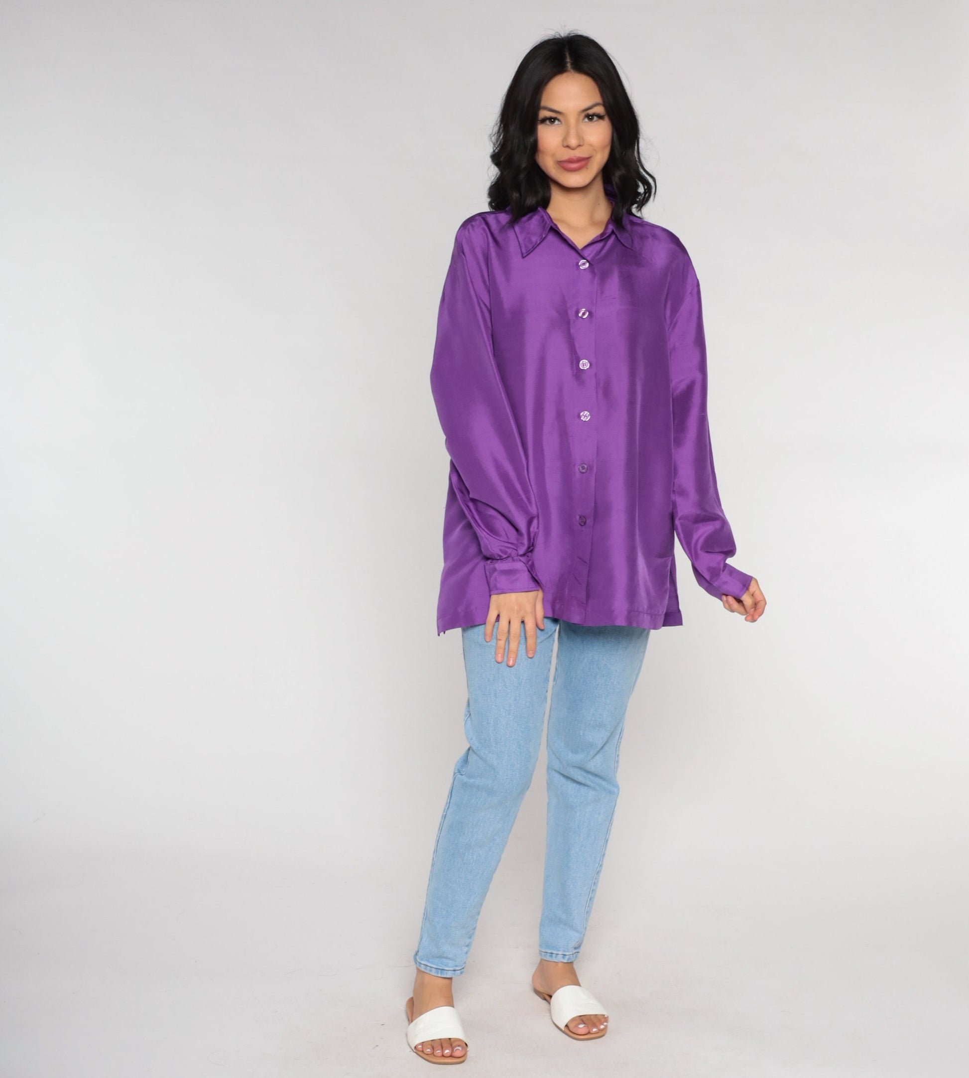 90s Purple Silk Button-Up Blouse Long Sleeve Collared Shirt Large L