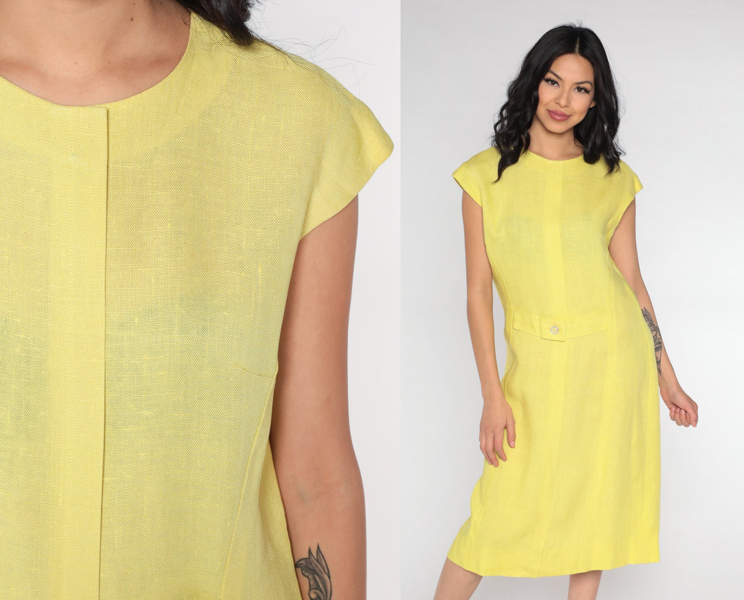1960s Yellow Linen Shift Dress Cap Sleeve Knee Length Medium