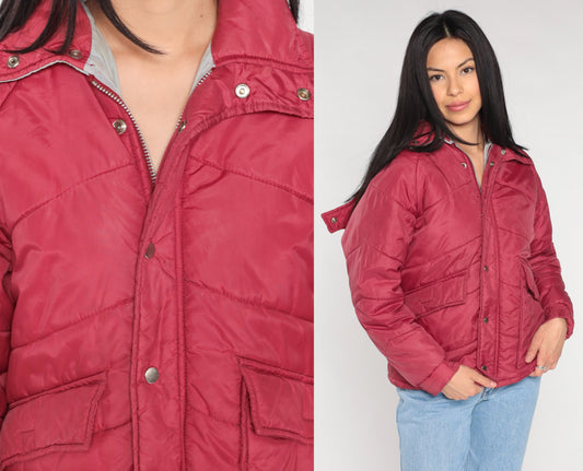 80s Red Puffer Ski Jacket Detachable Hood Nylon Puffy Coat Small