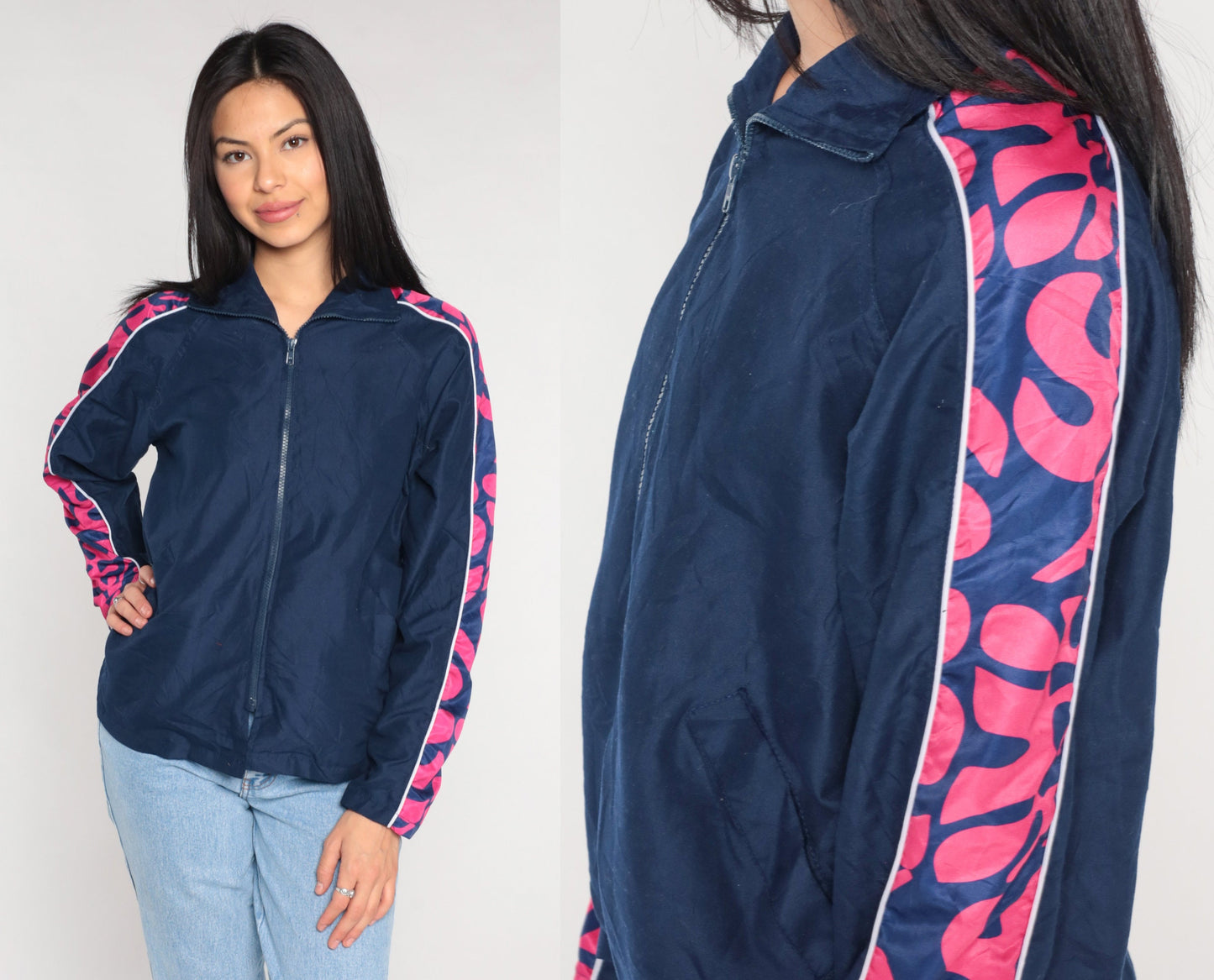 00s Navy Windbreaker Jacket Pink Abstract Print Zip-Up Extra Small