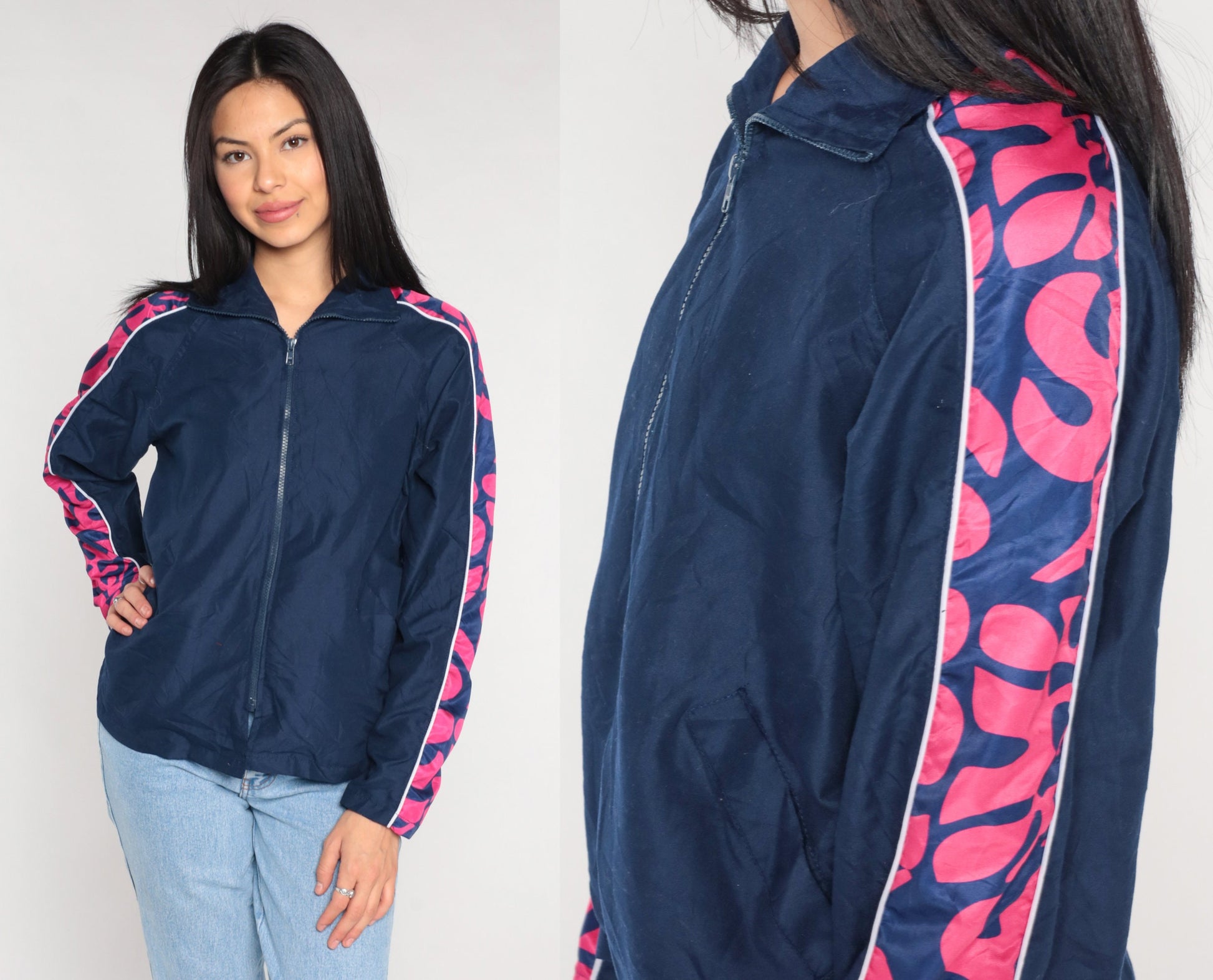 00s Navy Windbreaker Jacket Pink Abstract Print Zip-Up Extra Small