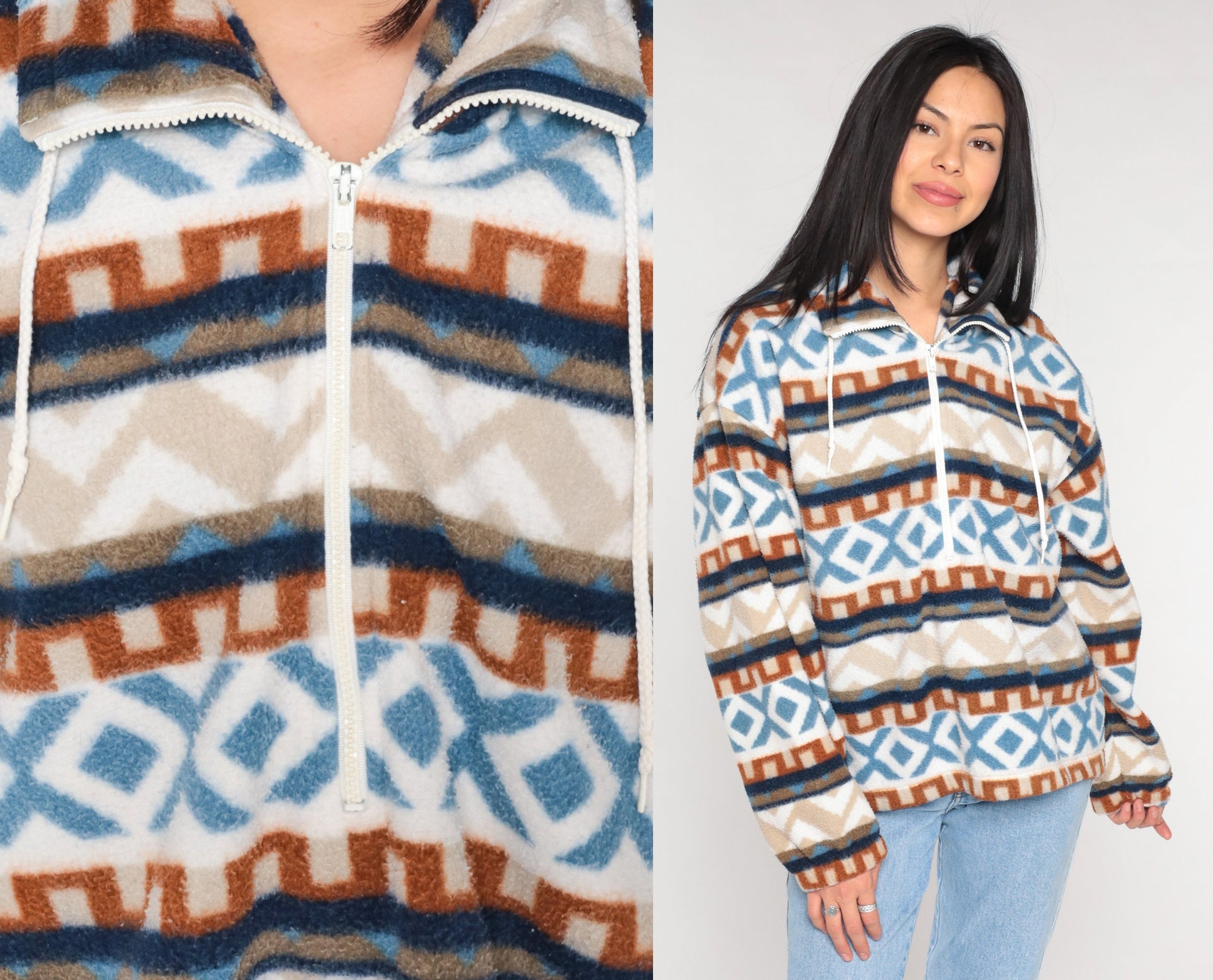 90s Striped Geometric Fleece Half Zip Pullover Blue White Orange Medium