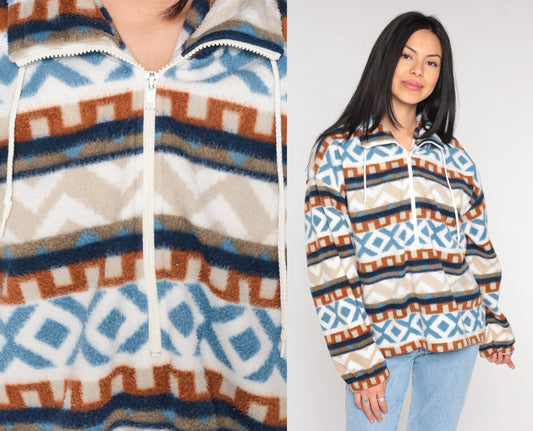 90s Striped Geometric Fleece Half Zip Pullover Blue White Orange Medium