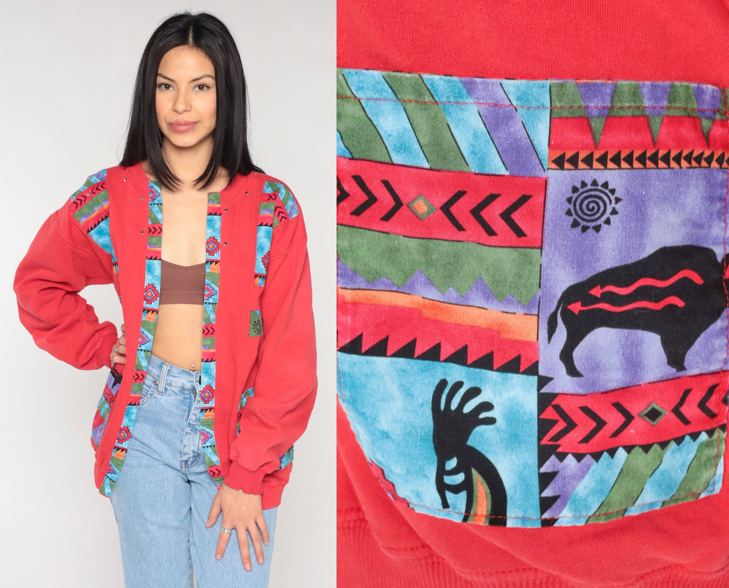 Y2K Southwestern Sweatshirt Cardigan Red Kokopelli Print Open Front Medium M