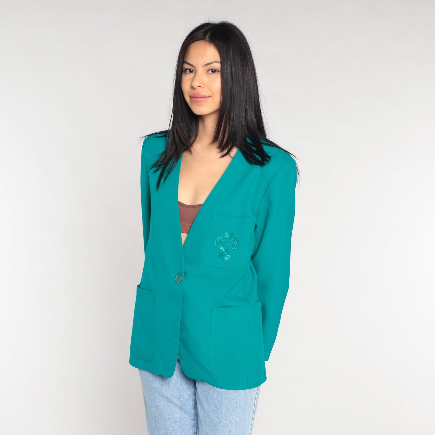 80s Teal Blazer Floral Embroidered Button-Up Jacket V-Neck Medium