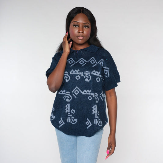 90s Navy Knit Polo Shirt Geometric Print Collared Short Sleeve Large