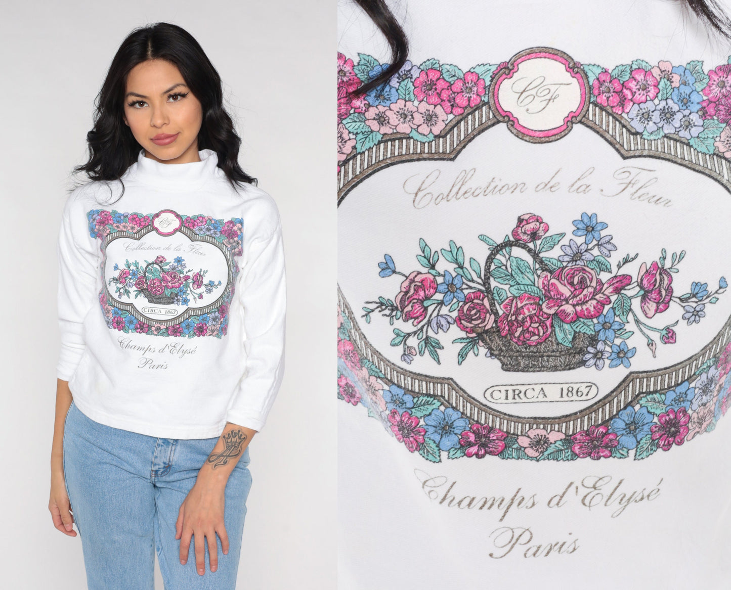 90s Paris Champs d'Élysées Floral Turtleneck White Long Sleeve Top Small S