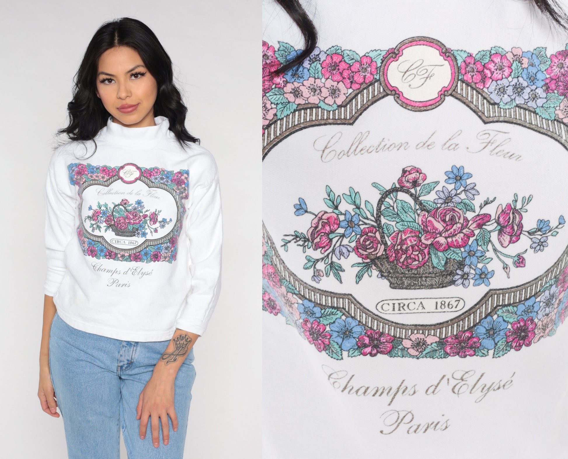 90s Paris Champs d'Élysées Floral Turtleneck White Long Sleeve Top Small S