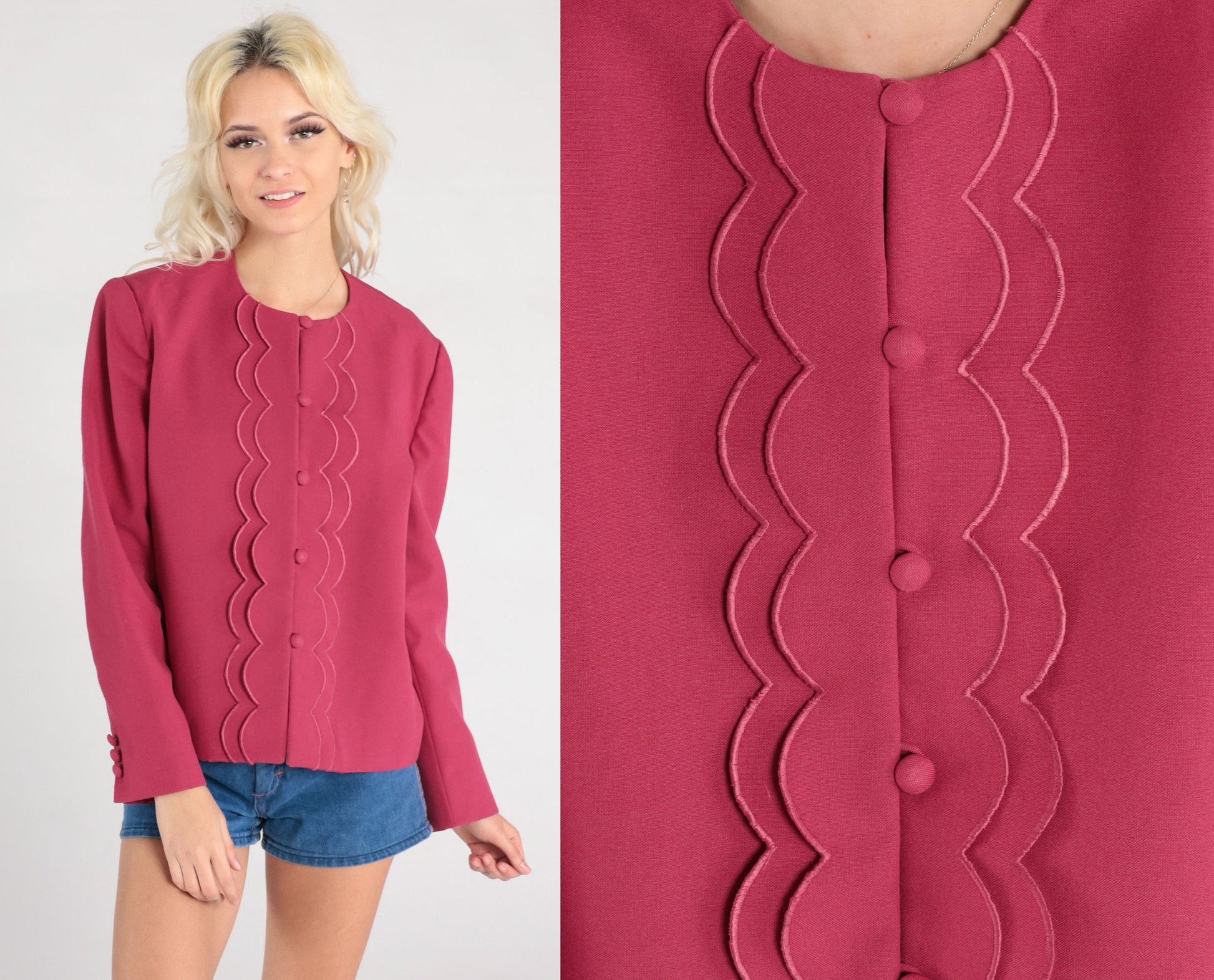 80s Raspberry Pink Scalloped Blazer Button-Up Jacket Women Large L