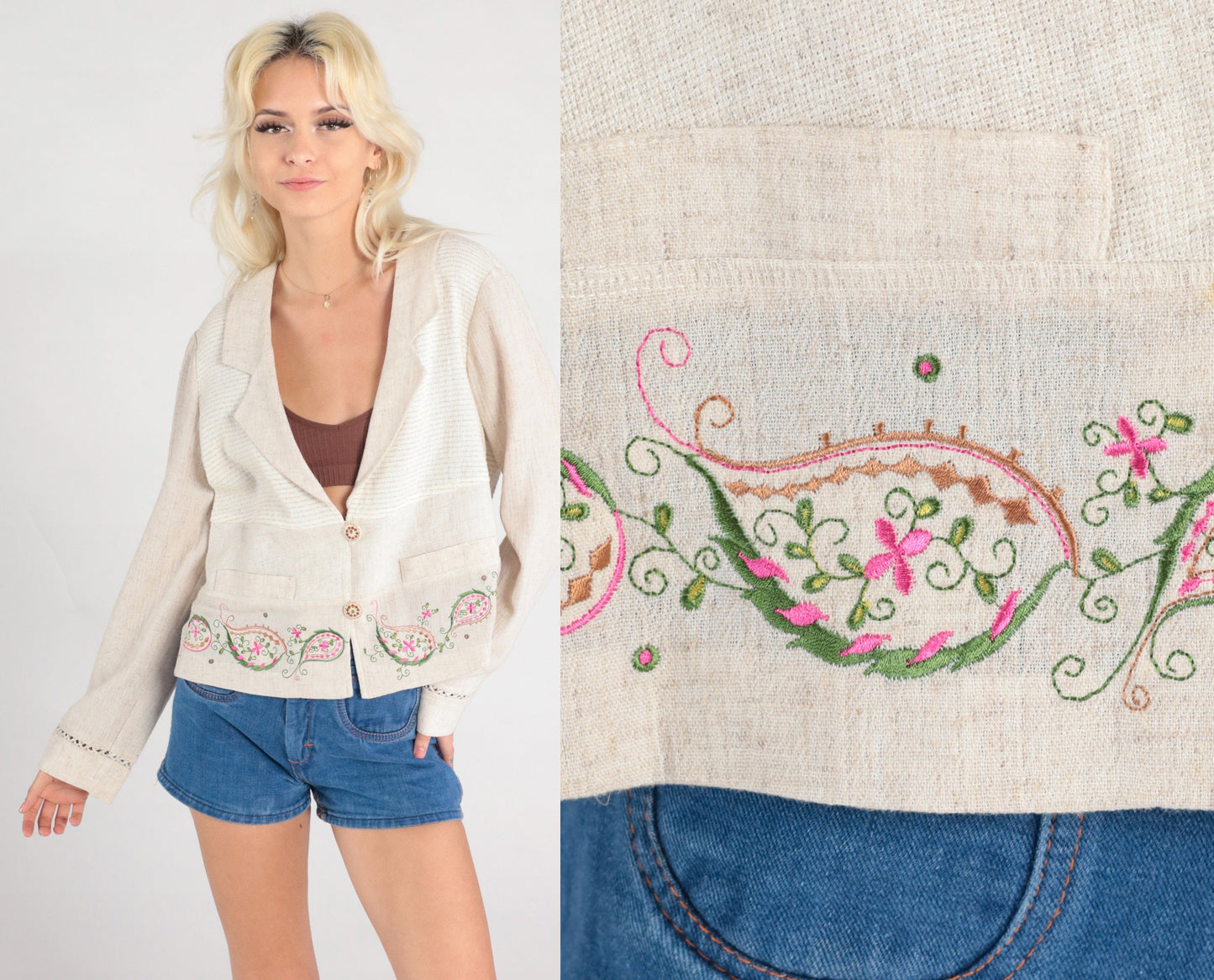 90s Paisley Embroidered Blazer Beige Deep V-Neck Button-Up Small S