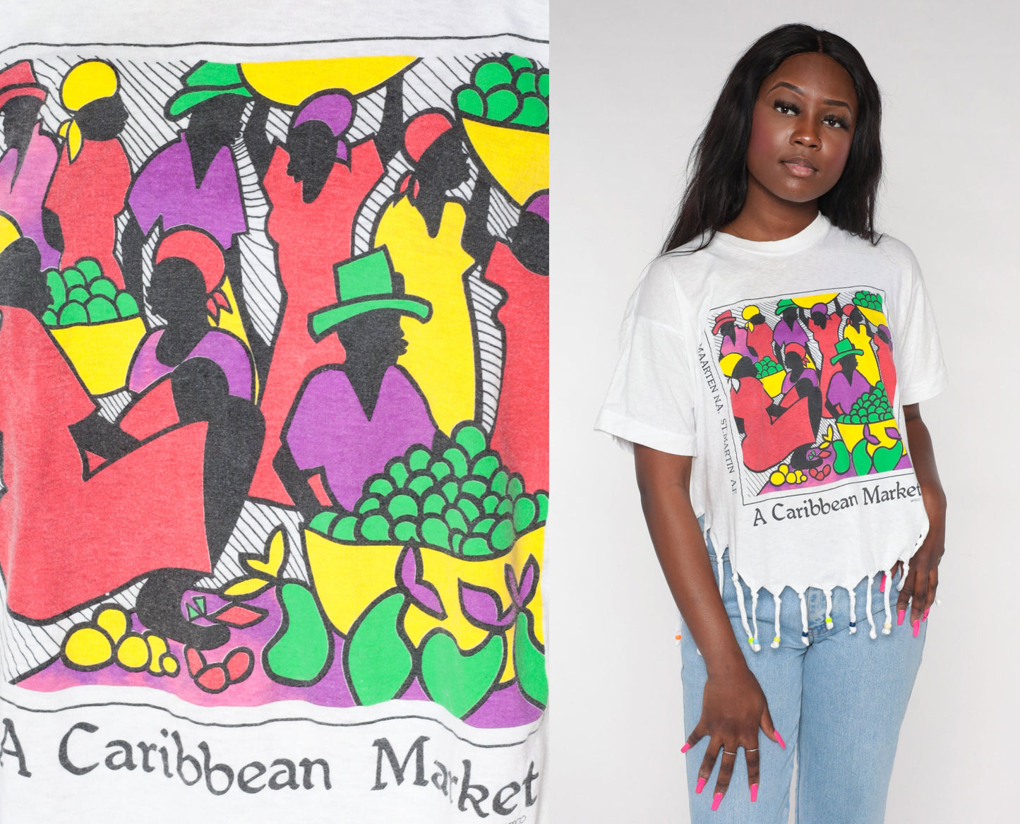 90s Caribbean Market St. Martin Graphic T-Shirt Beaded Fringe White Medium Large